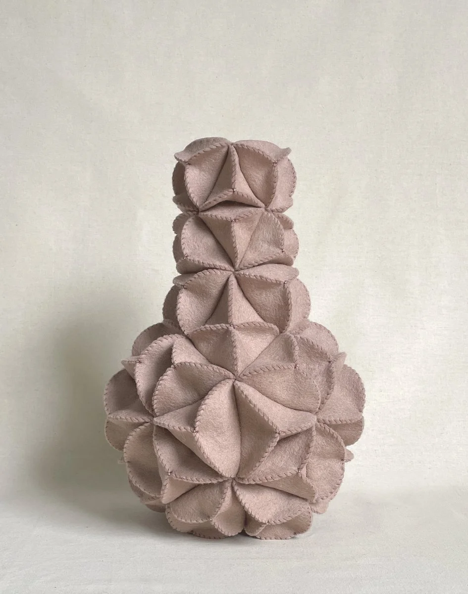 Isabel Deakin | Bottleneck Vessel - Dusty Pink with Burgundy Threads and Glass Beads