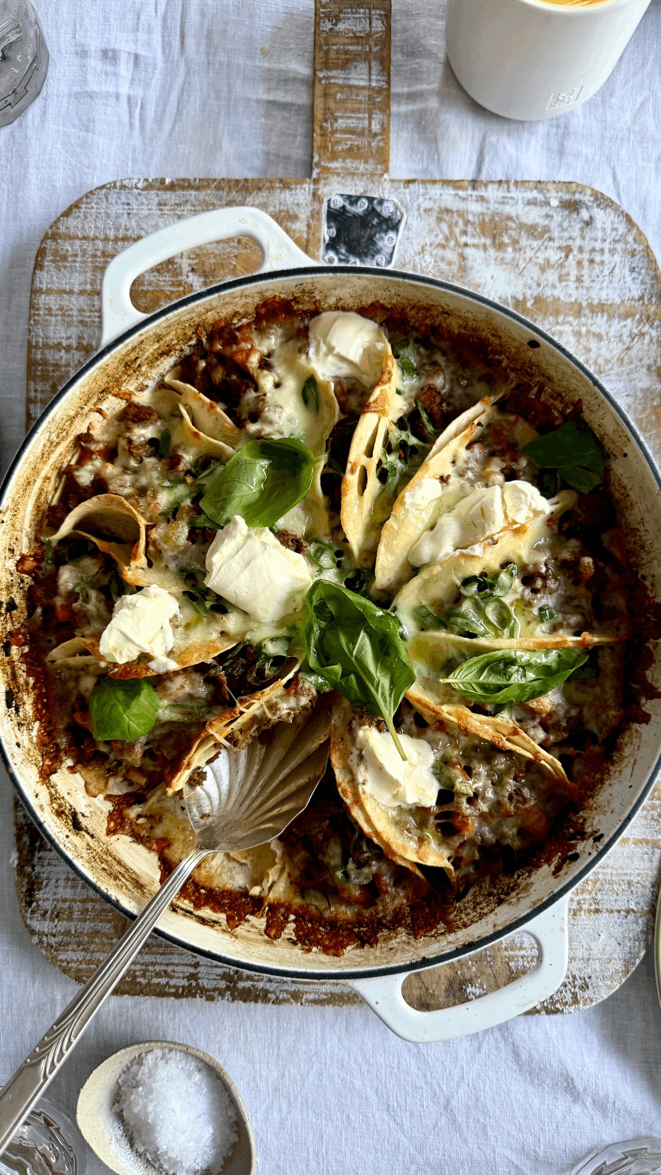 One-Pan Beef and Mozzarella Tortilla Bake.