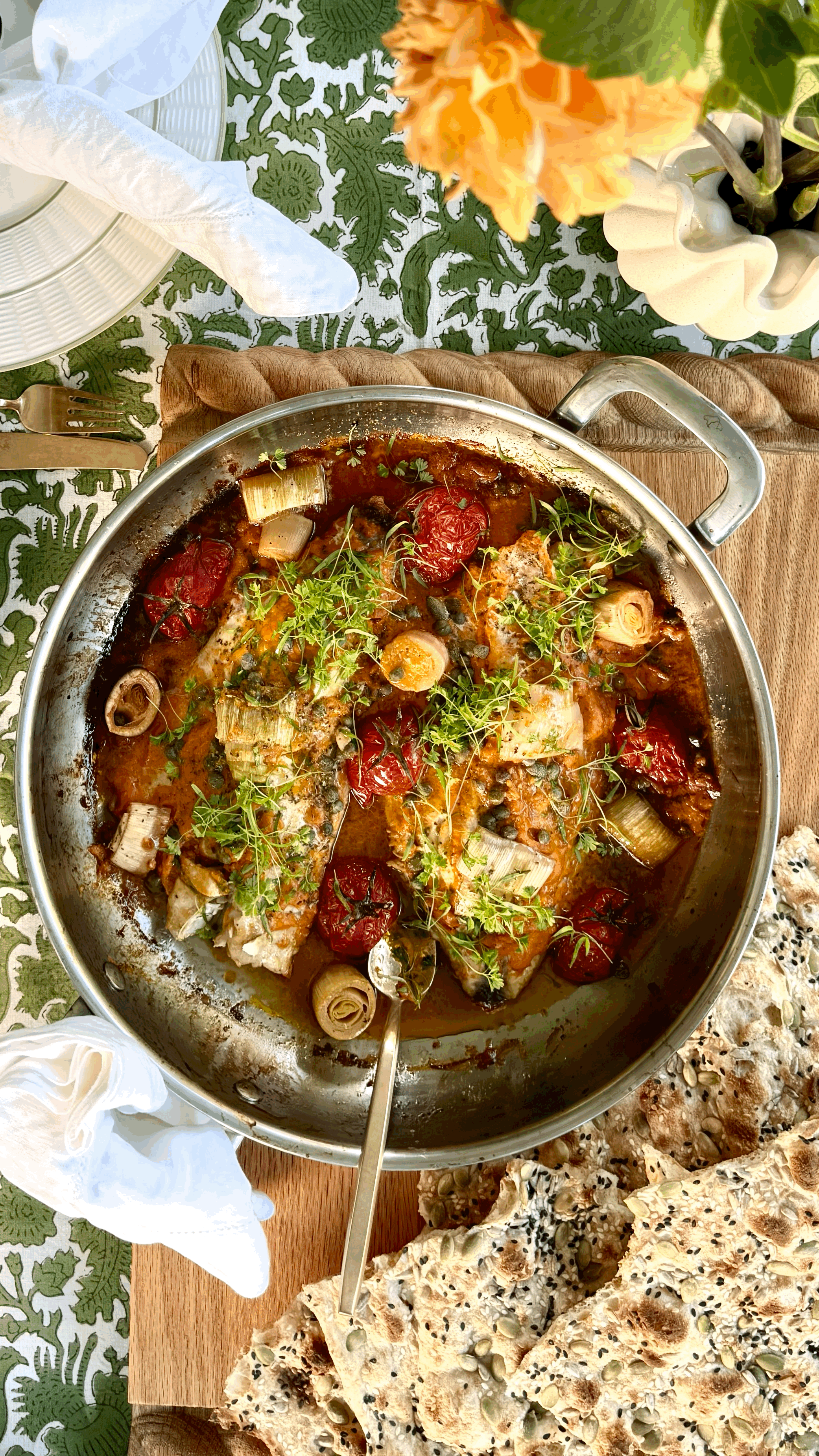 5 - ingredient snapper with roasted tomato and leek cream.