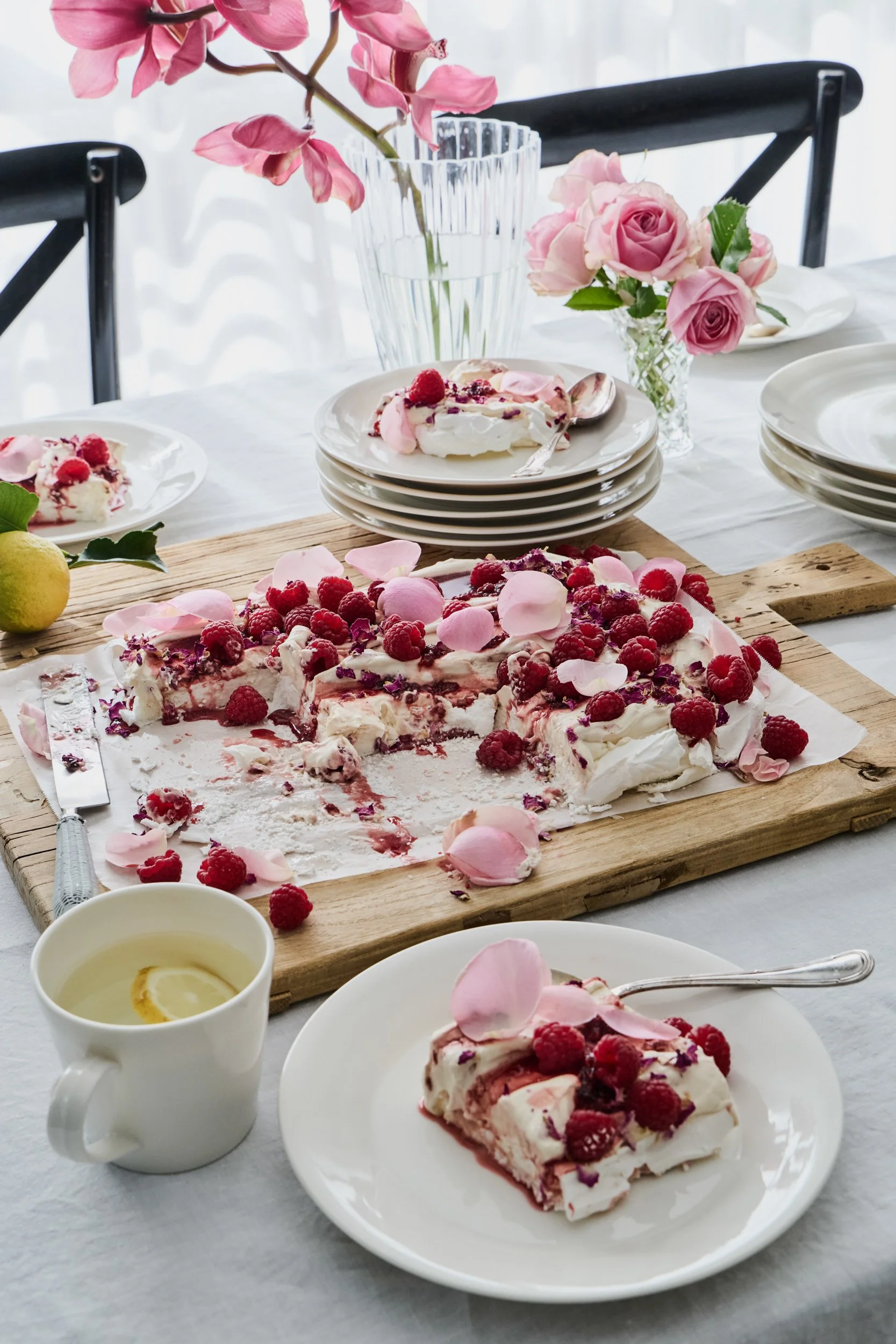 Raspberry and Rose Pavlova Slab.