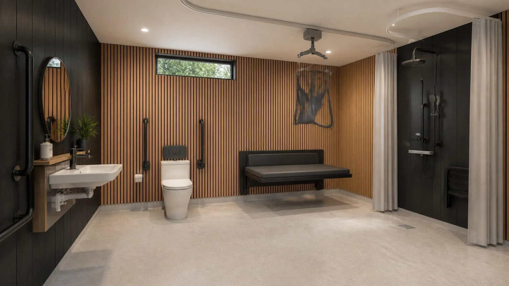 Accessible bathroom with wood-paneled walls, a small high window, a toilet with support bars, a sink with a mirror and a plant, a bench, and a shower area with a curtain and shower fixtures.
