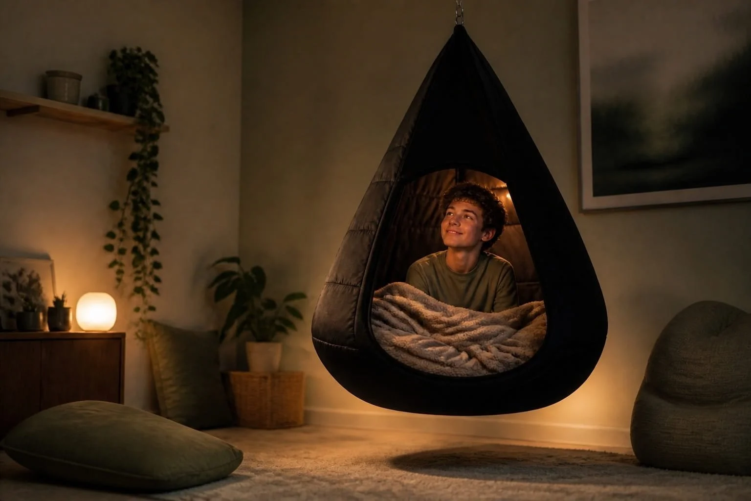 A young person inside a hanging teardrop-shaped tent in a cozy, dimly lit room, smiling and gazing upwards, with a blanket wrapped around them.