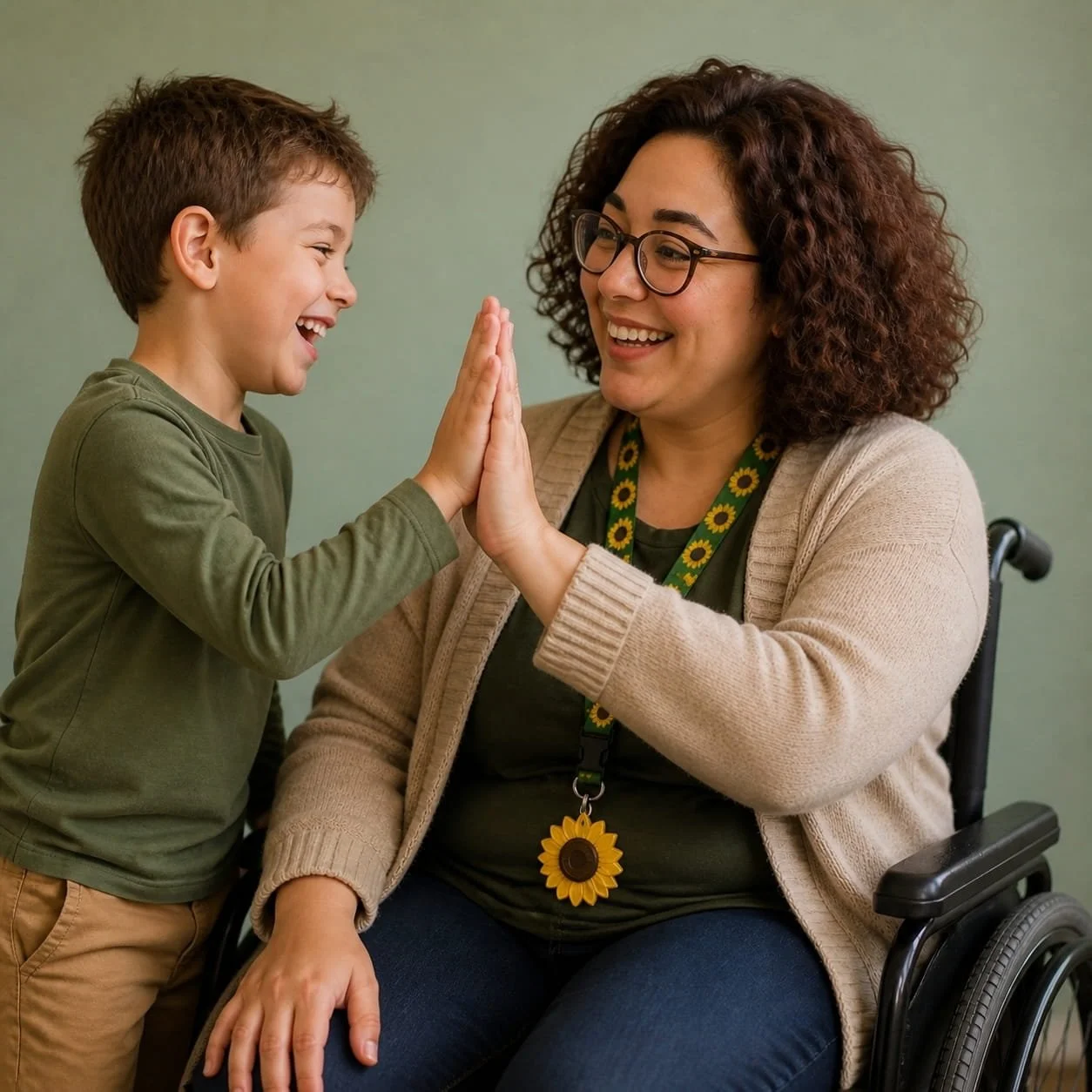 A young boy and a woman in a wheelchair sharing a high five and smiling at each other, against a plain green background.