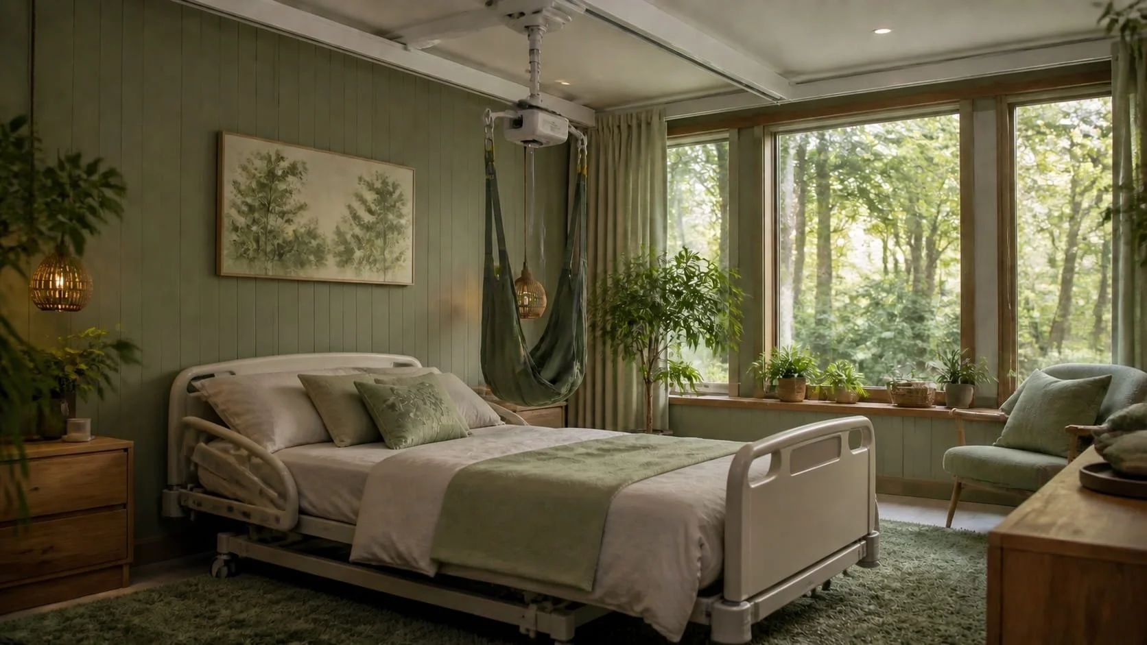 An artists impression of Woodland House accessible bedroom with green walls, a specialist bed with green and beige bedding, a hoist above, large windows overlooking a green area, a wooden nightstand with a lamp, a green rug and armchair.