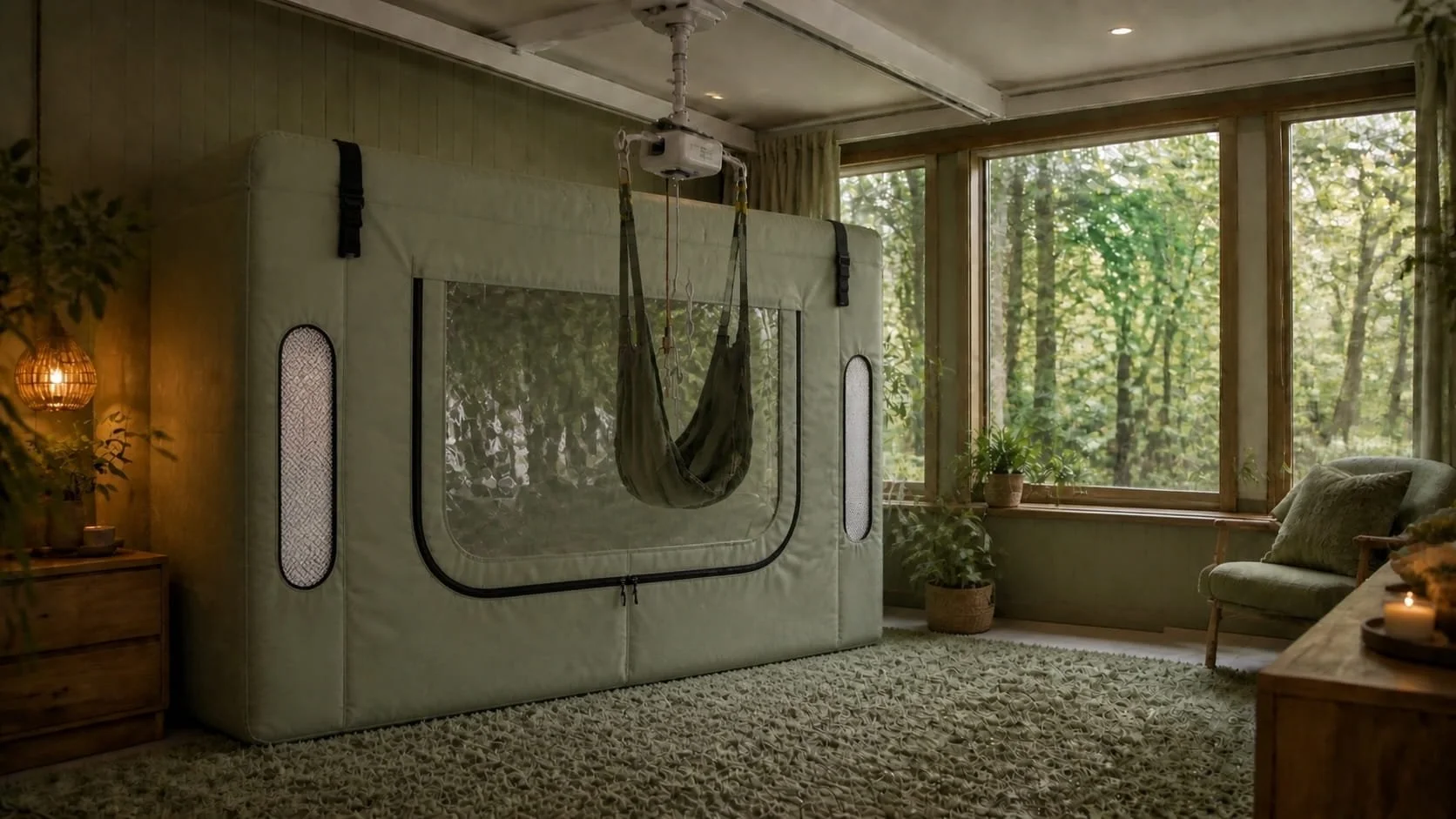 Artists impression of Woodland House - a cozy room with large windows showing a lush green outdoor view, a padded fabric hammock hanging from the ceiling, a soft armchair, potted plants, and warm lighting creating a relaxing atmosphere.