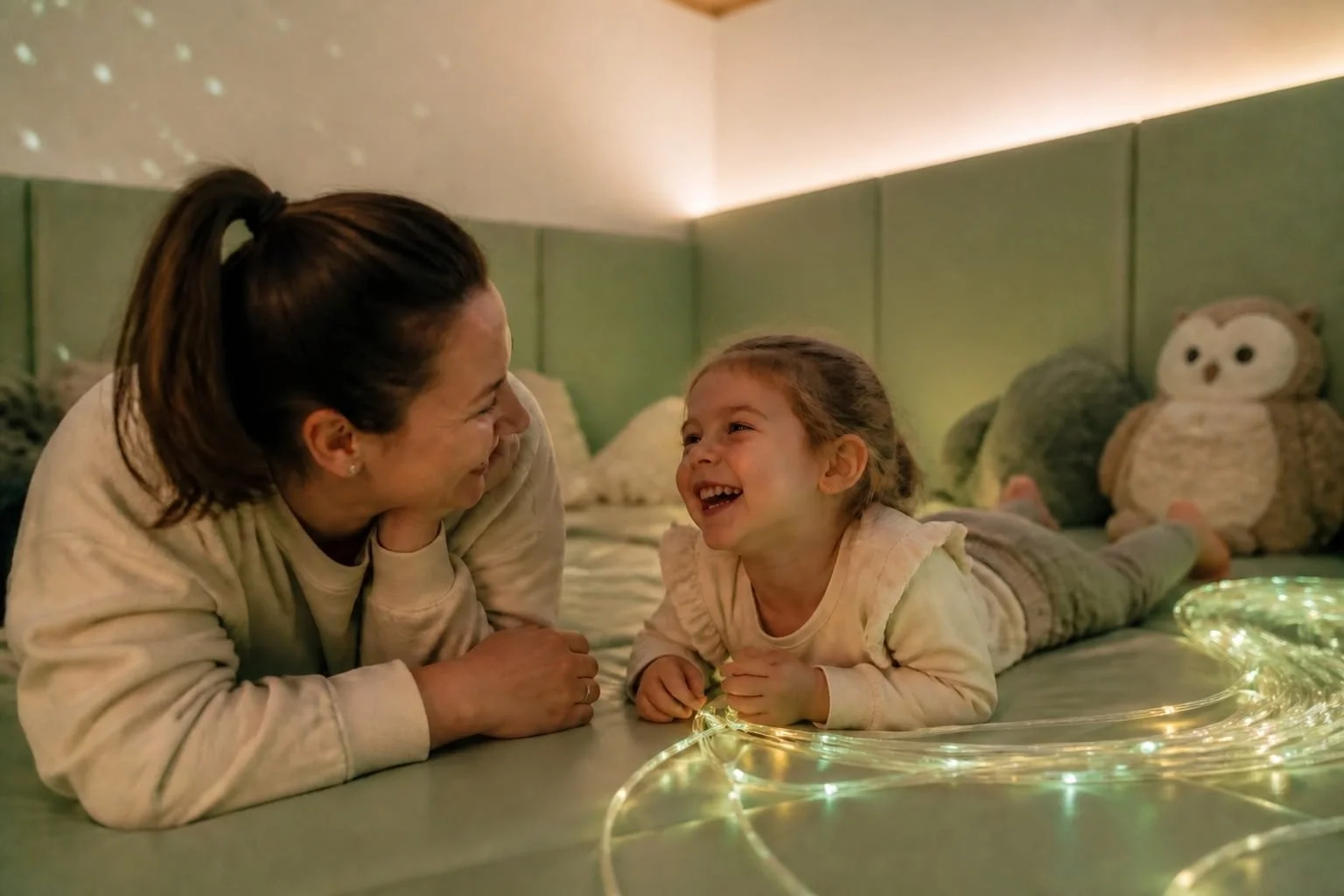 A woman and a young girl lying in a sensory space while on holiday, on a bed, smiling and looking at each other, with fairy lights and owl pillows in the background.
