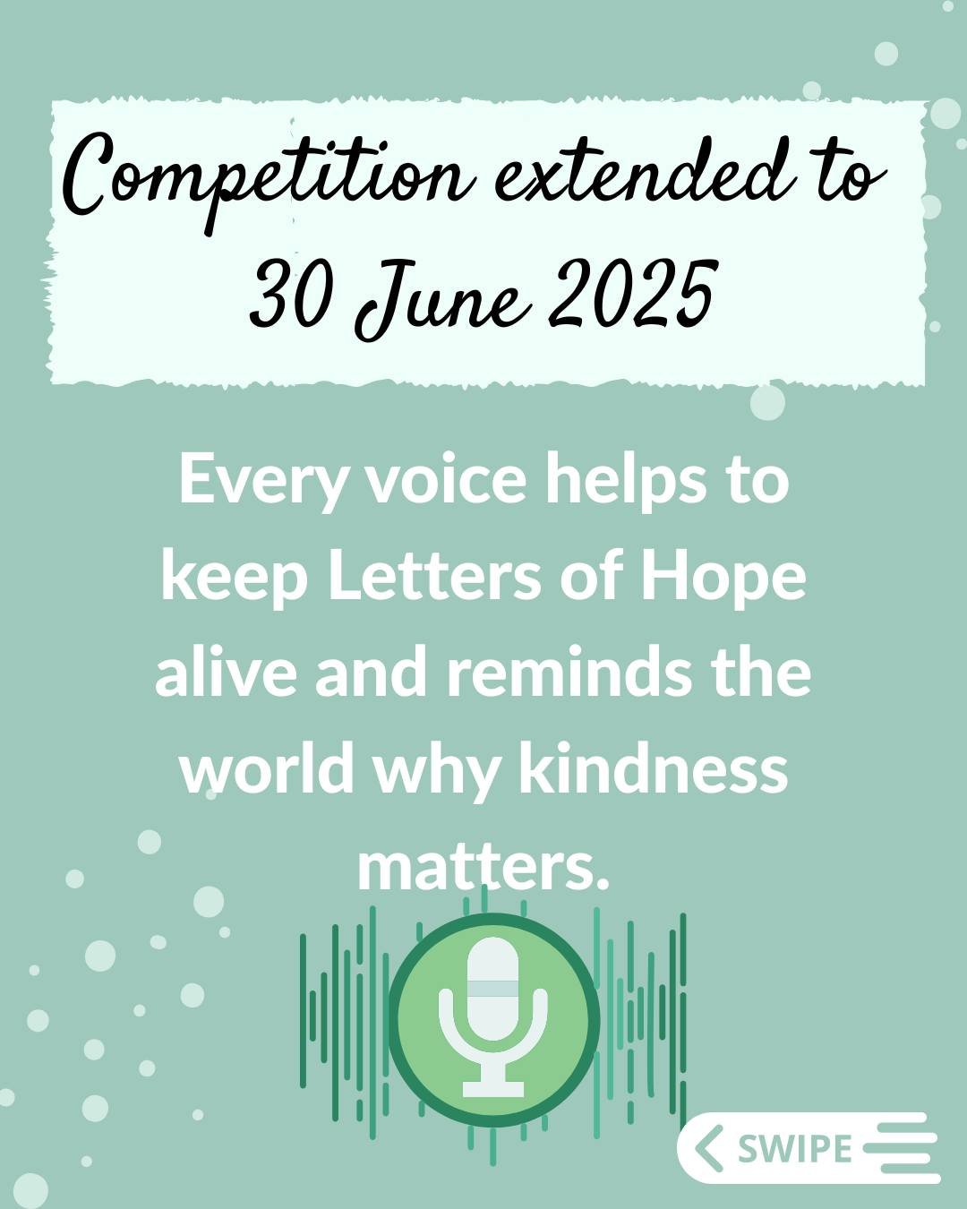 Share your Letters of Hope story and stand a chance to win a $100 Visa Card! 

The competition deadline is now extended to June 30, 2025. 

Record your audio or video testimonial and spread kindness. 

Check the competition link in our bio for detail