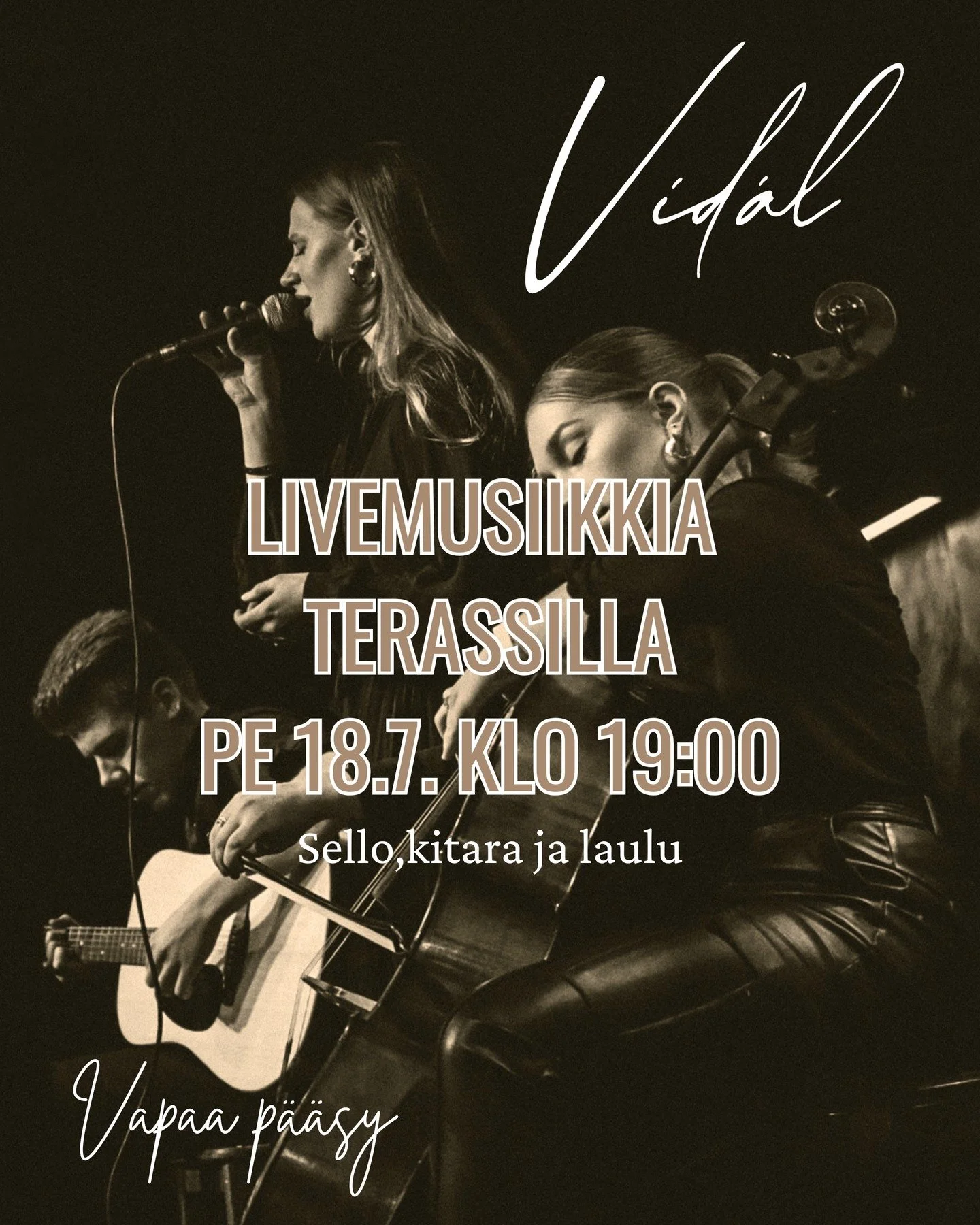 Perjantaina 18.7 upea @triovidal_ tulee tunnelmoimaan terassillemme klo 19:00 alkaen. 

Vid&aacute;l on persoonallinen akustinen trio, jonka ohjelmisto koostuu tunnelmallisista, sellovetoisista sovituksista aikamme pop- ja r&amp;b-klassikoista.

L&au