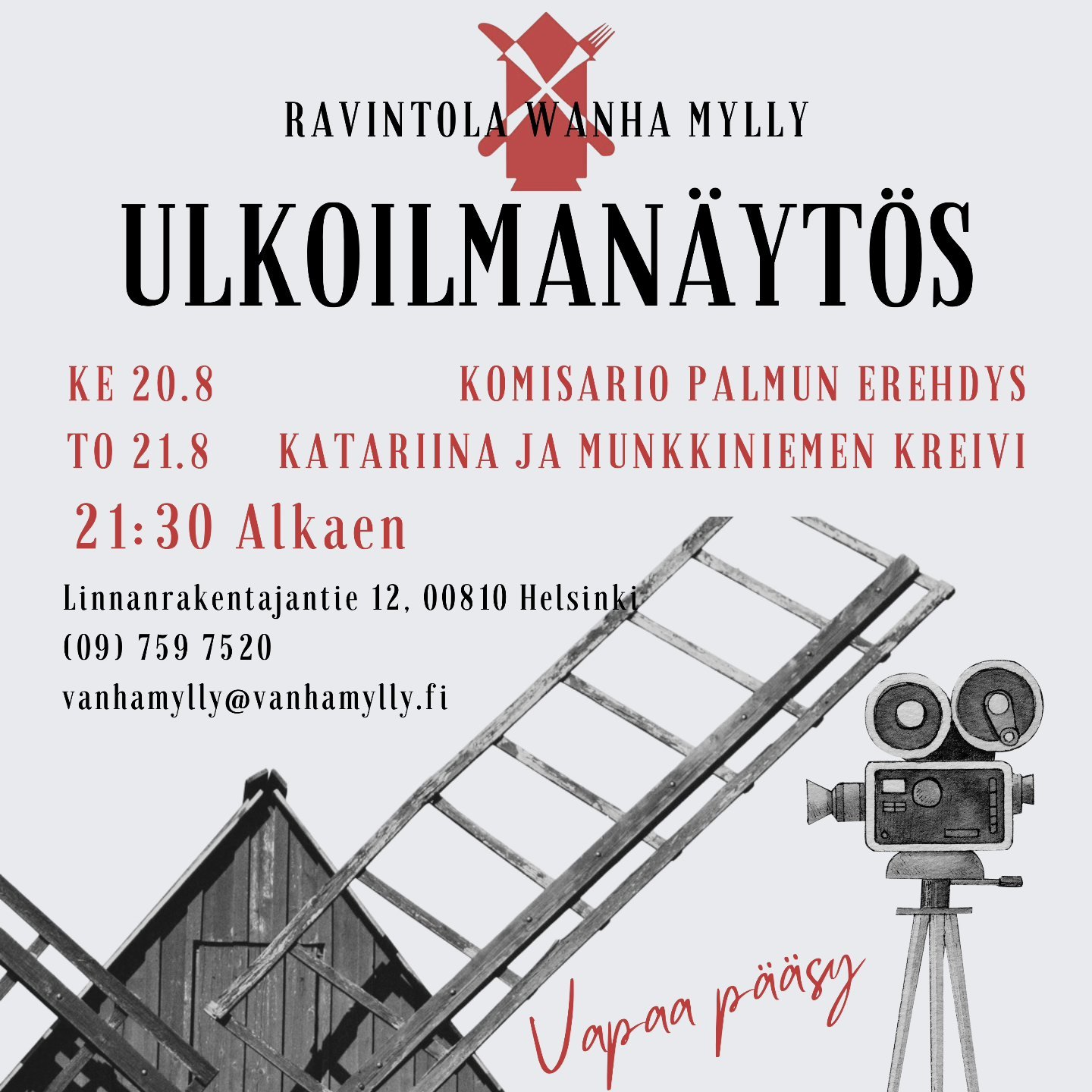 Ulkoilman&auml;yt&ouml;s ja h&auml;m&auml;rtyv&auml;t kes&auml;illat😍

Ke 20.8 ja 21.8 laitetaan valkokangas pystyyn terassille ja n&auml;ytet&auml;&auml;n kotimaisia klassikko-filmej&auml; illan h&auml;m&auml;rtyess&auml;. 

Tiesittek&ouml;, ett&au