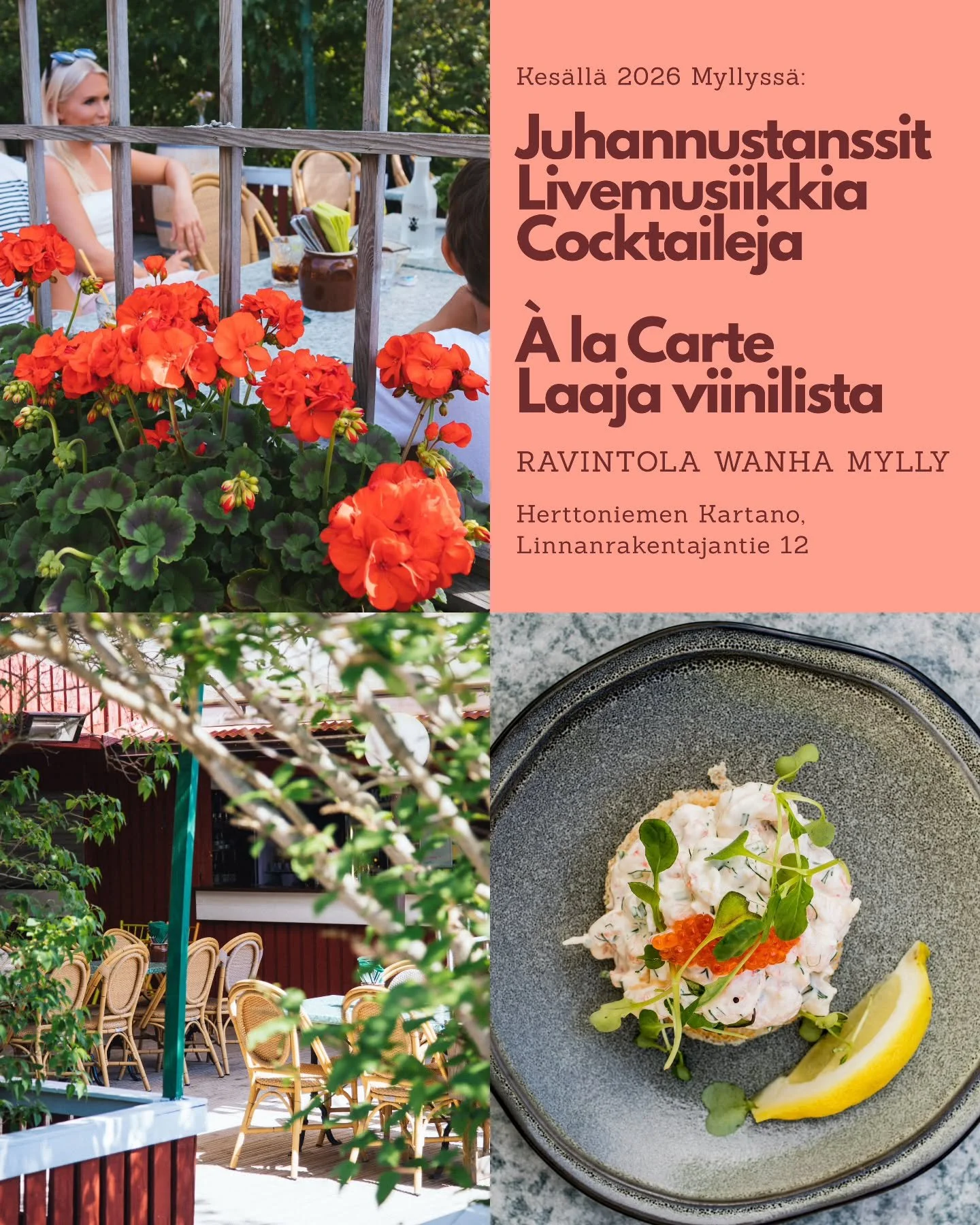 Iloisia uutisia: Wanhan Myllyn terassi aukeaa vappuna ja kes&auml; voi alkaa!🤩

Tervetuloa syreenipensaiden suojaan tunnelmalliselle terassillemme🪻

Tarjolla tuttuun tapaan hyv&auml;&auml; ruokaa ja raikkaita juomia upeassa kartanomilj&ouml;&ouml;s