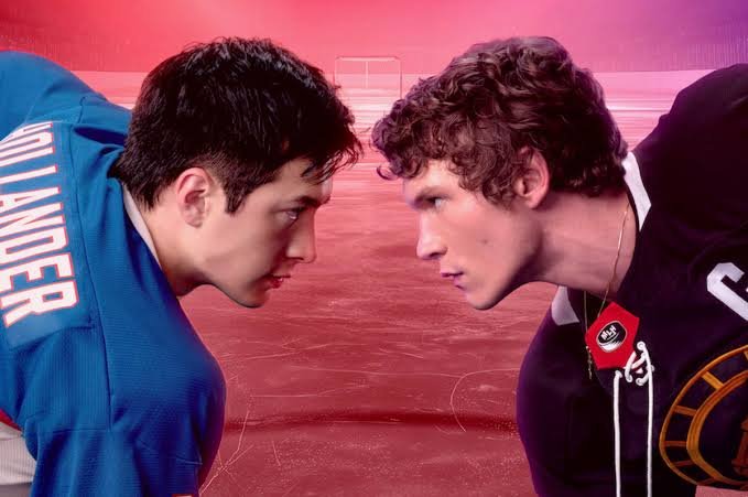 Hudson Williams as Shane Hollander and Connor Storrie from the HBO series Heated Rivalry
