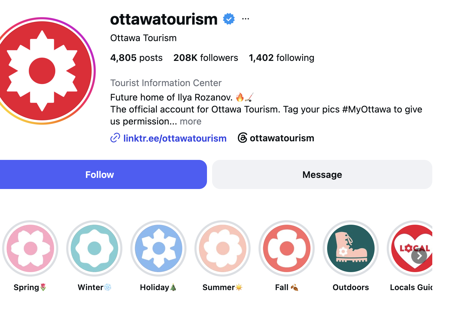 Screenshot of the Ottawa Tourism Instagram page, which makes a clever nod to Heated Rivalry in their bio.