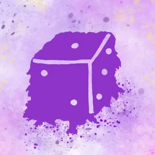 A purple and pink background with a purple, melted-looking die in the foreground.