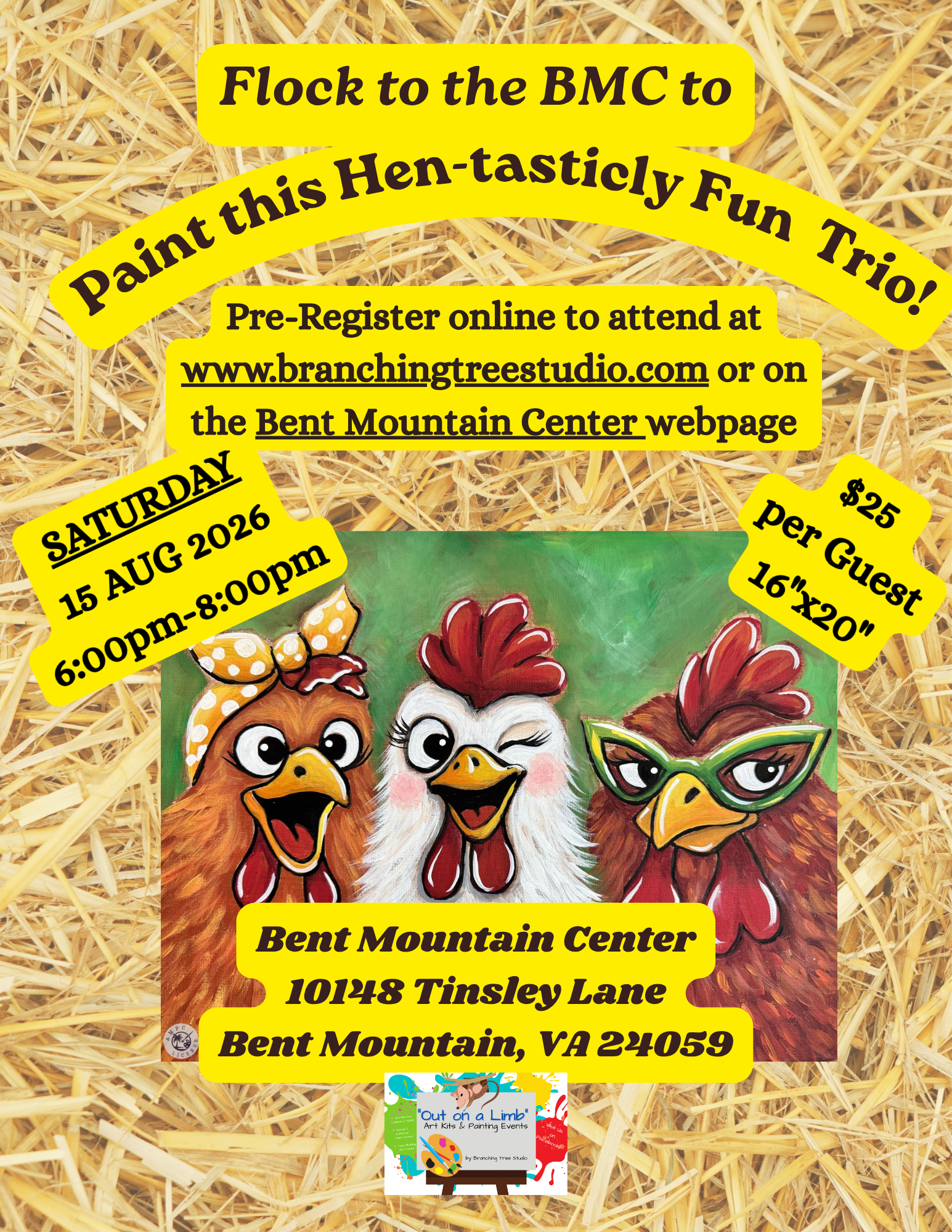 Hen-tastic Trio Paint Party at the Bent Mountain Center- SATURDAY,15AUGUST 2026