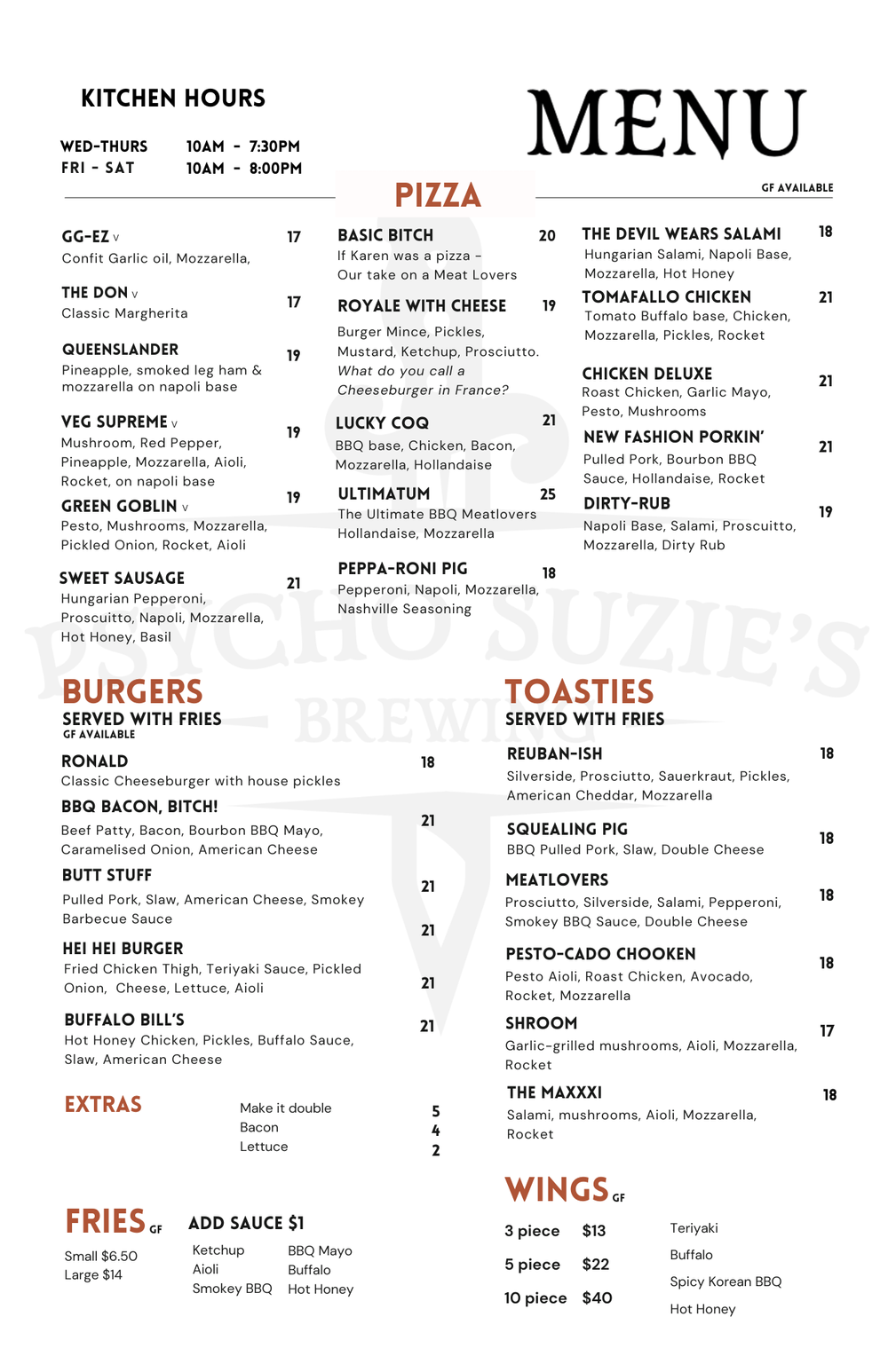 MENU — Psycho Suzies Brewing