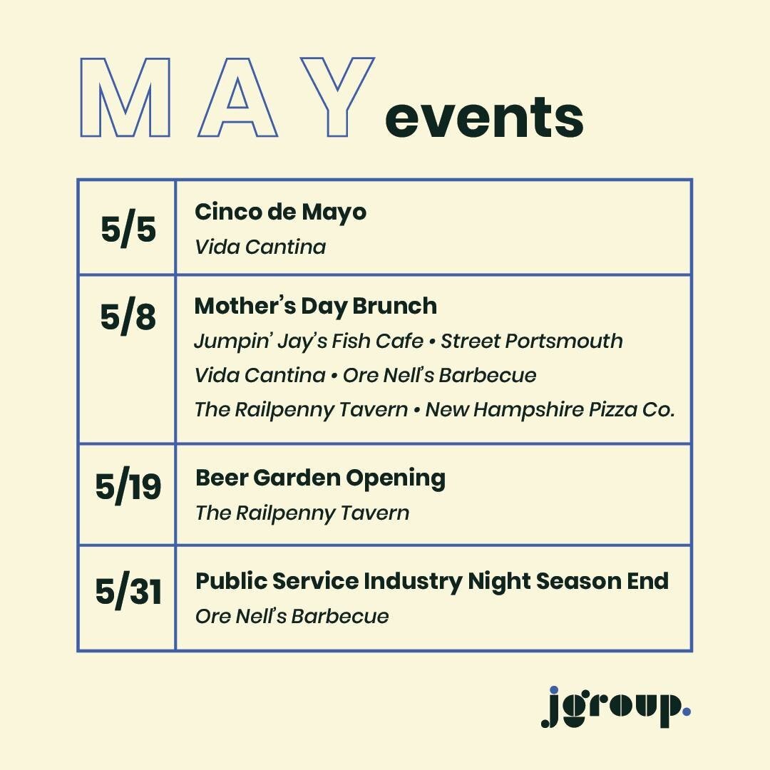 Ready to party?

5/5 ▫ Vida Cinco de Mayo
Hosted by @vidacantinanh with plenty of food + drink, patio seating, giveaways, and live music by Dave Gerard &amp; DJ Skooch!

5/8 ▫ Mother's Day Brunch 
@jumpinjays will open for a special brunch from 10am-