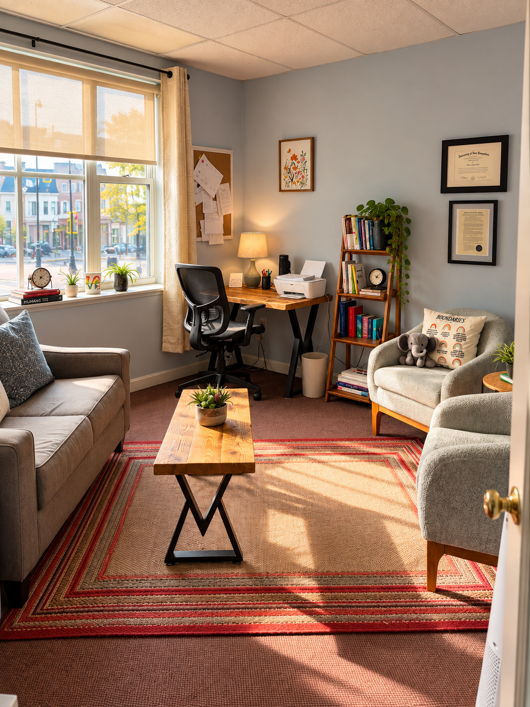 Bright professional office with large window, desk, sofa, and comfortable seating in downtown Portsmouth, NH.