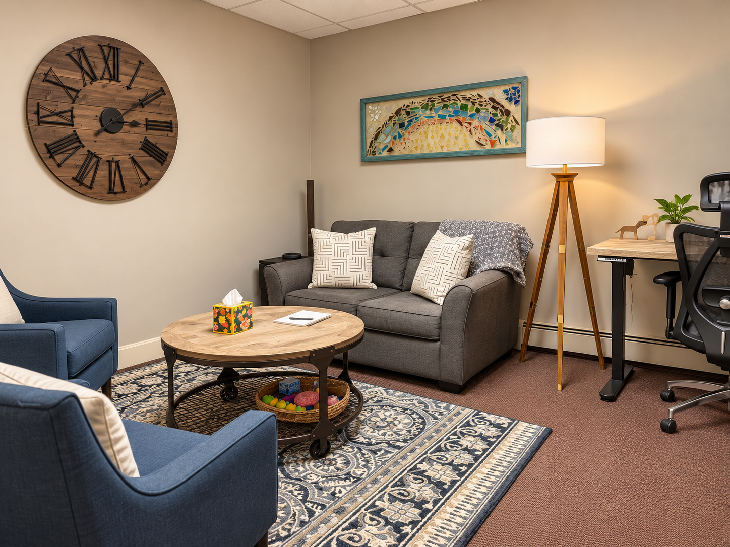 Private interior office with sofa, armchairs, desk, and warm lighting at One Middle Street in Portsmouth, NH.