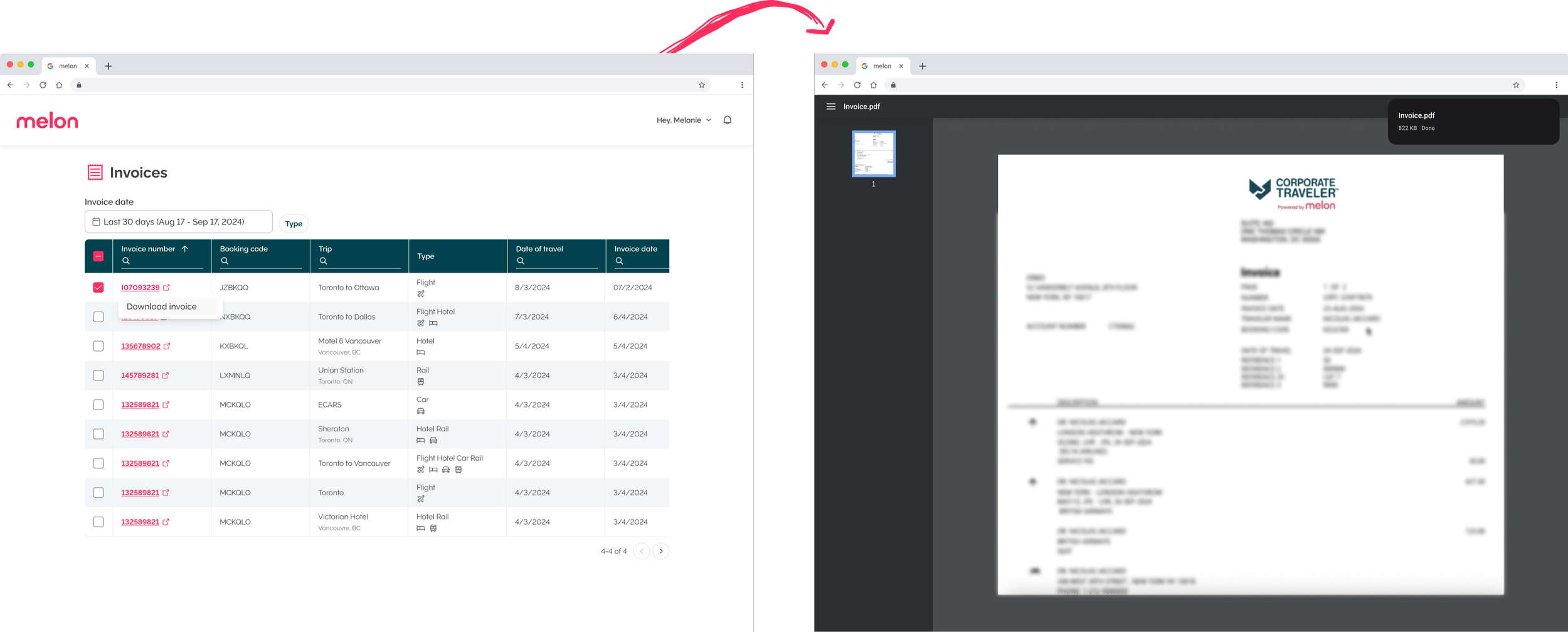 Screenshot comparing online invoices, with the left side showing a Melon invoice management dashboard and the right side displaying a PDF invoice for Corporate Traveler.