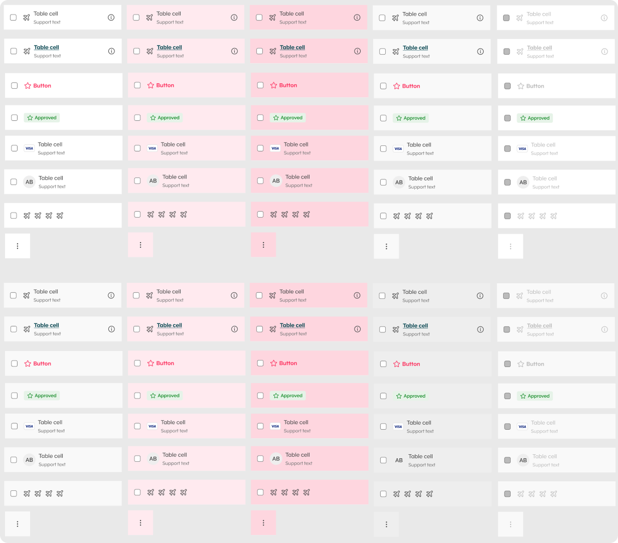 A spreadsheet containing rows with checkboxes, icons, buttons, approval statuses, and table cell labels, with some cells highlighted in pink or gray.