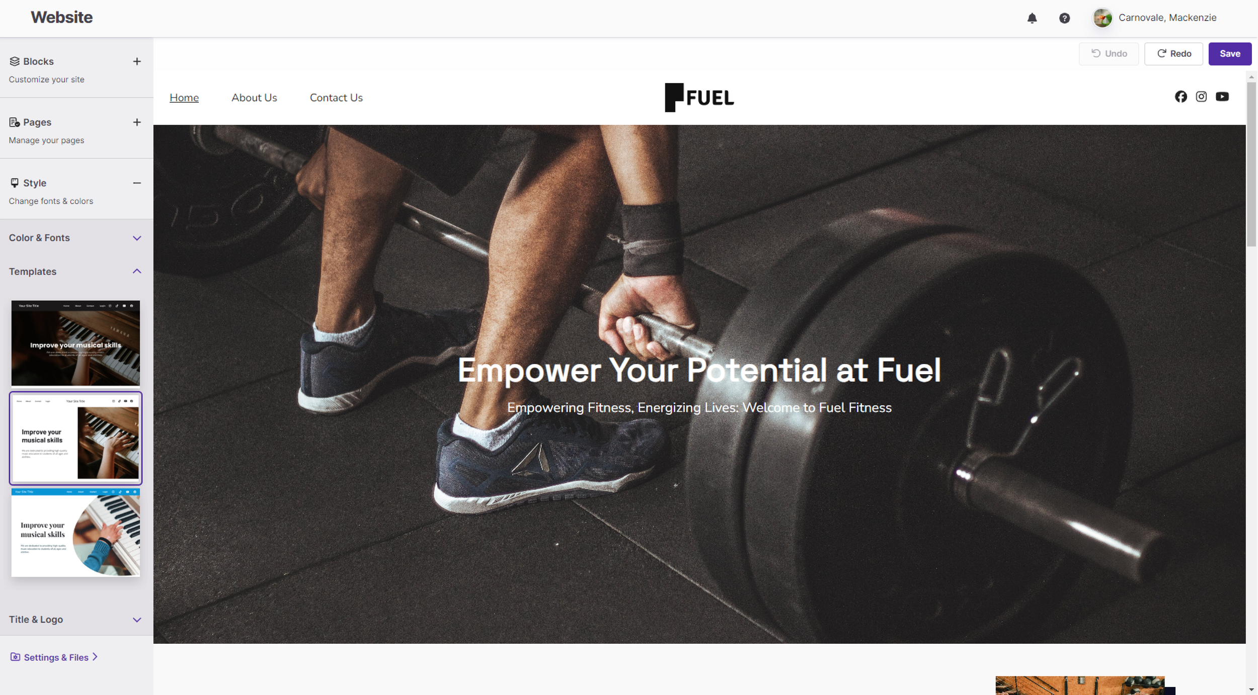 Person lifting a barbell in a gym with the text 'Empower Your Potential at Fuel'.