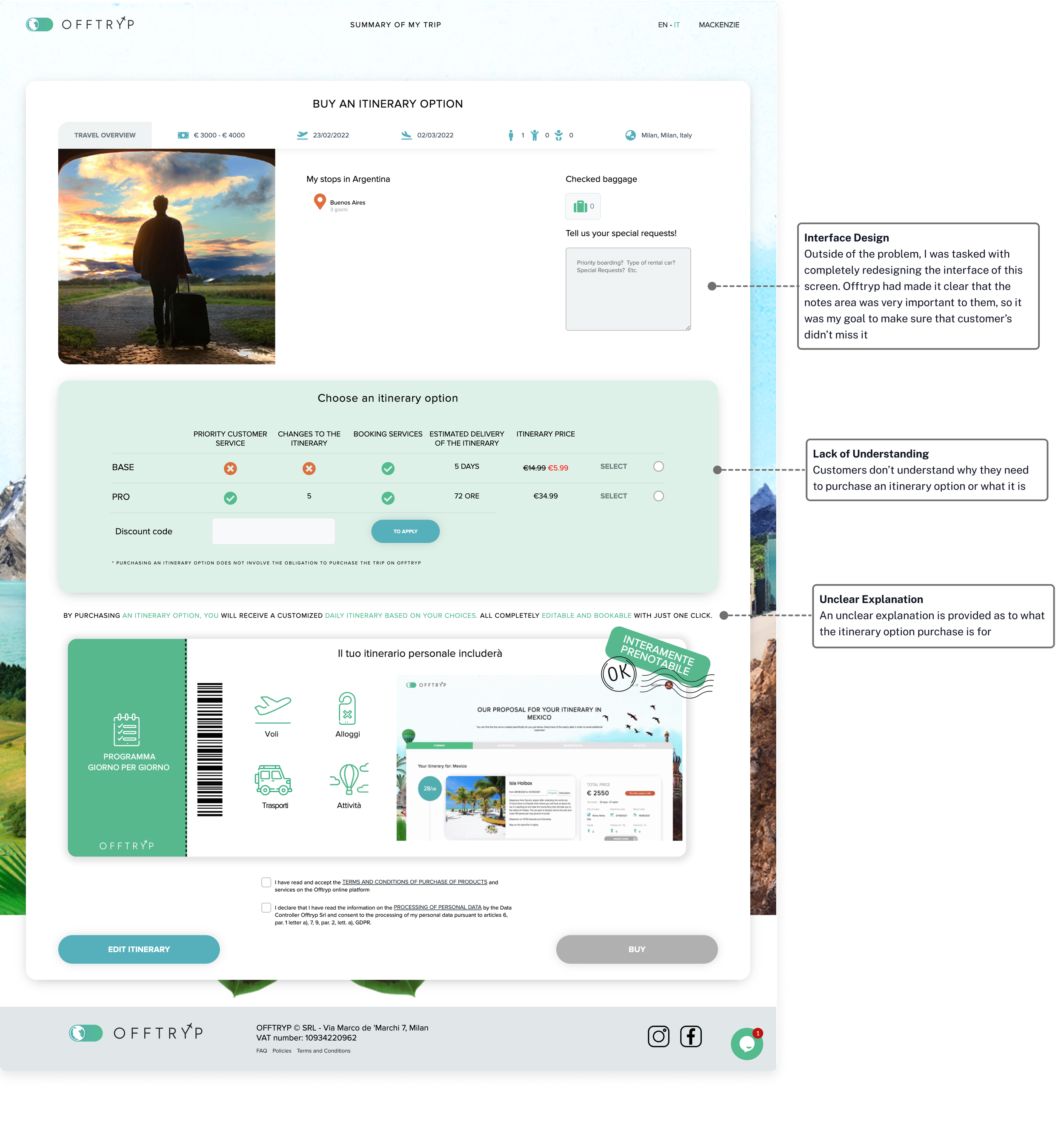 Travel booking website displaying itinerary options for Argentina and Italy, with a scenic sunset photo of a person with a suitcase, and instructions for travel services.