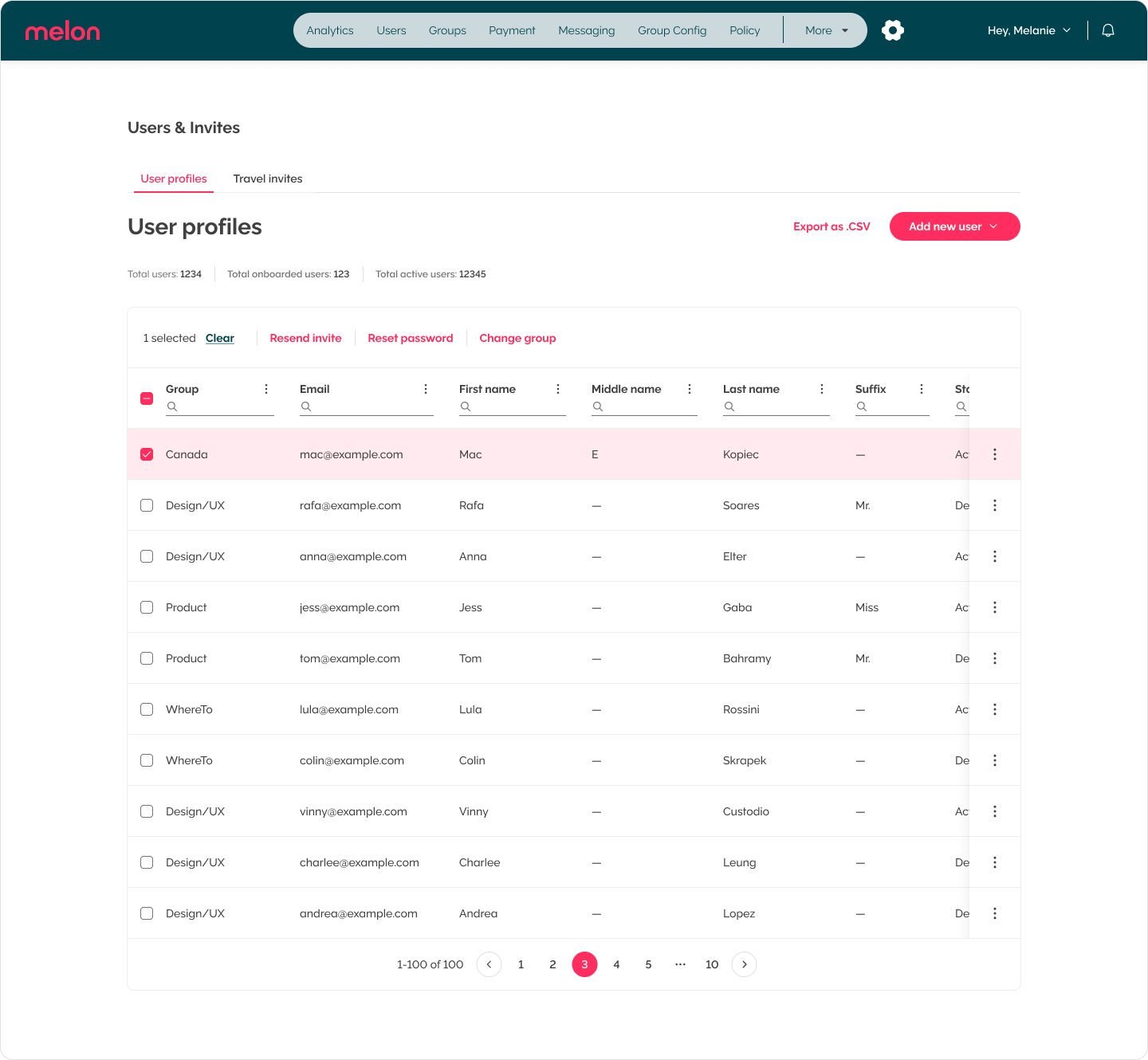Screenshot of a user interface for managing user profiles, showing a list of users with their email, first name, middle name, last name, and other details.