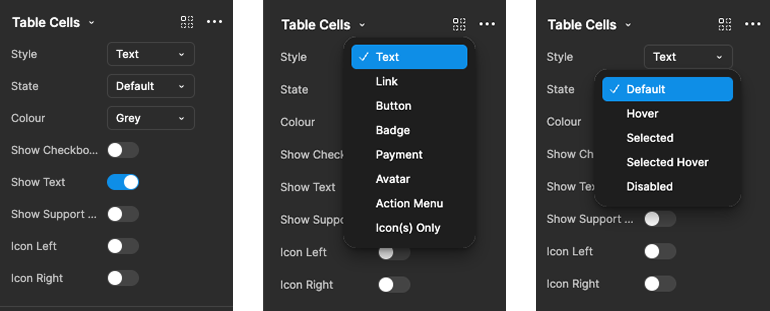 Screenshot of table cell settings menu showing options for Style, State, Colour, Show Checkboxes, Show Text, Show Support, Icon Left, and Icon Right, with dropdowns open for selecting style and state.