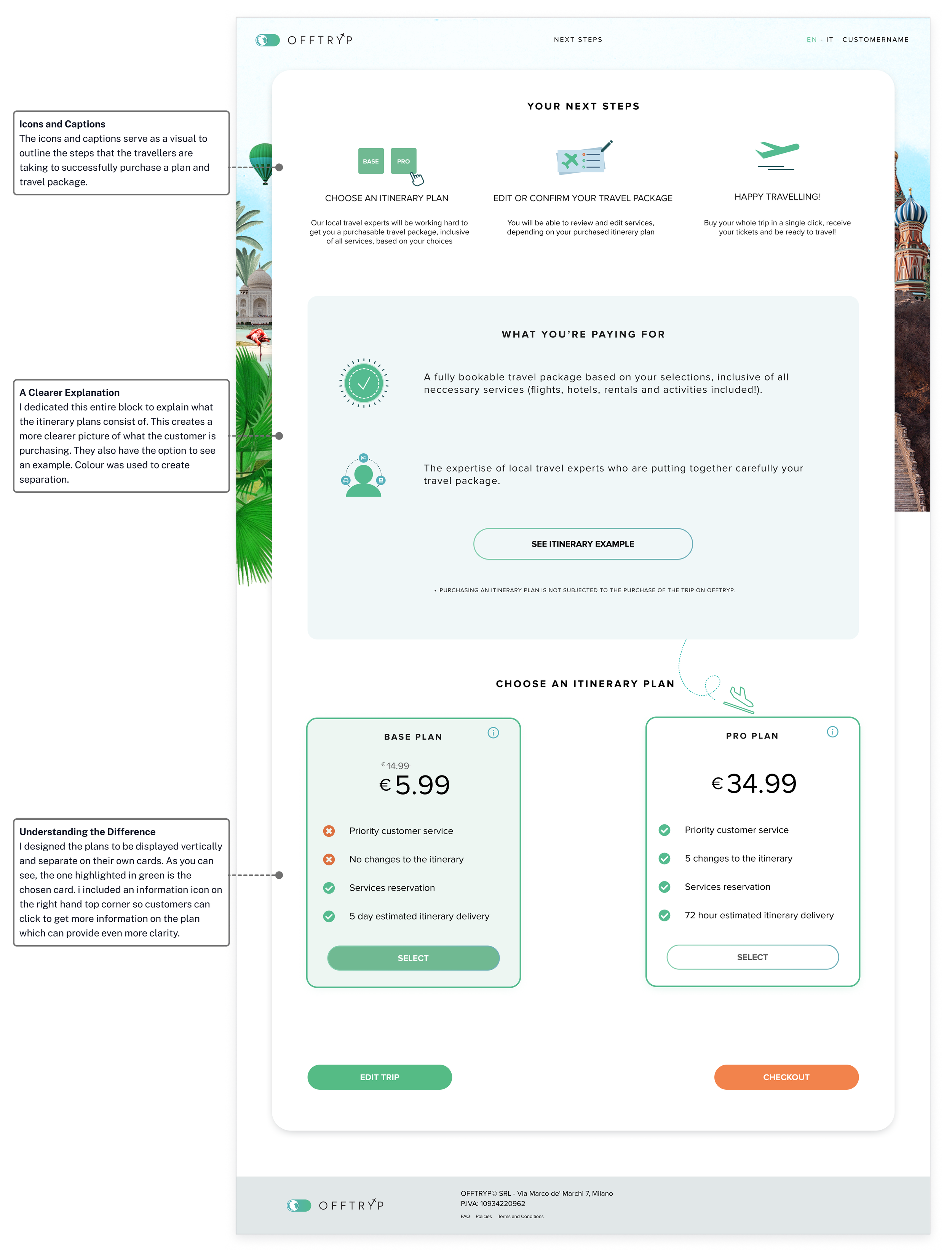 An online travel planning website page displaying various options for booking a travel package, including plan choices, prices, and features, with navigation and informational sections.