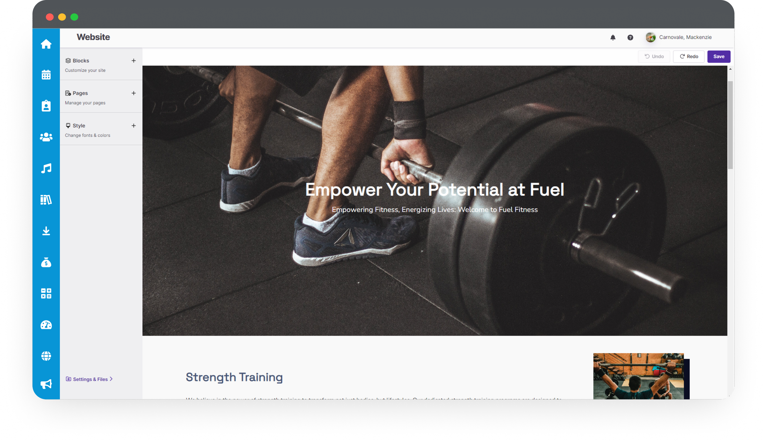 A website homepage featuring a large image of a person lifting a barbell in a gym, with overlaid text that reads 'Empower Your Potential at Fuel' and a smaller tagline beneath that says 'Empowering Fitness, Energizing Lives: Welcome to Fuel Fitness.' The website has a blue sidebar with icons for different sections, and the top navigation bar displays the user's name 'Carnovale, Mackenzie' along with some controls.