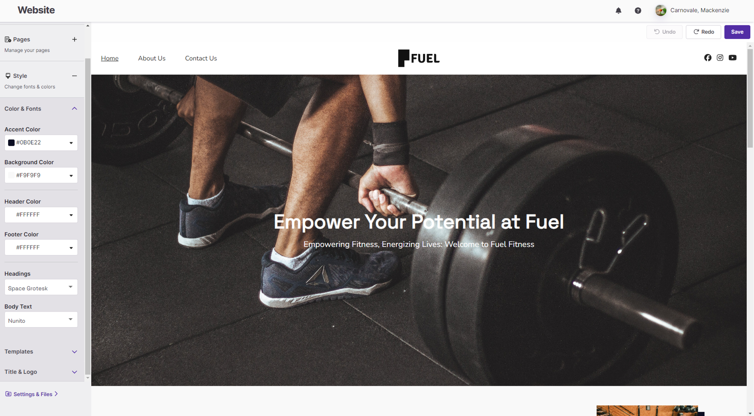 A person lifting a barbell at a gym, with the text "Empower Your Potential at Fuel."