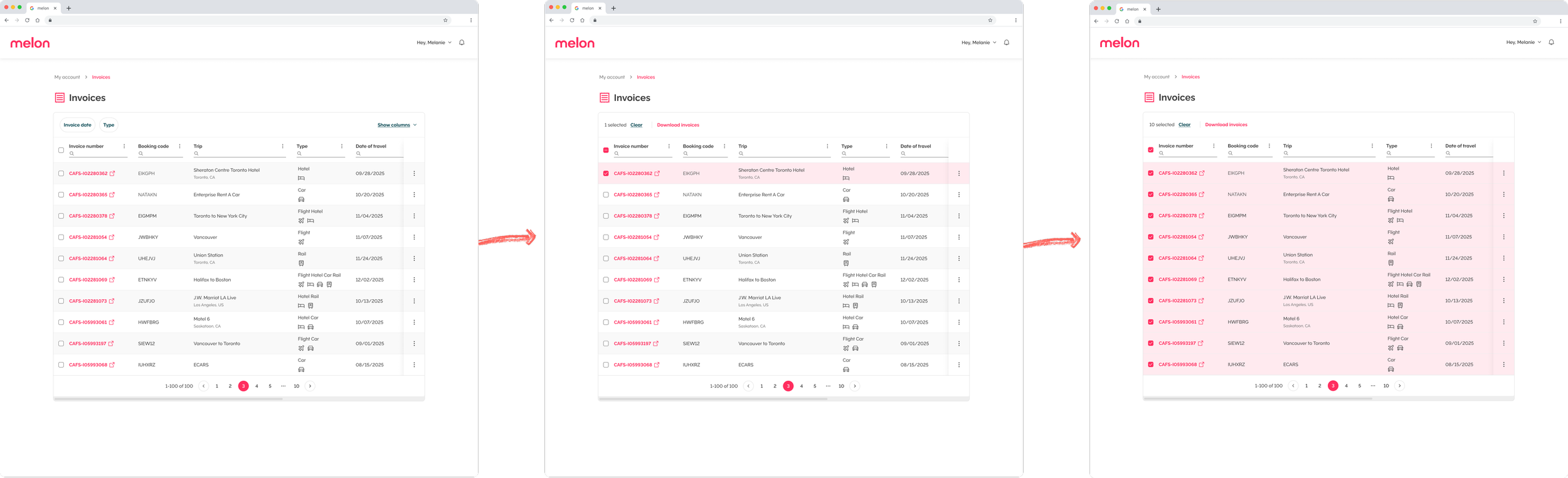 Screenshots of a laptop displaying an invoice management webpage with a list of travel and car rental invoices, with some invoices selected and highlighted in pink.