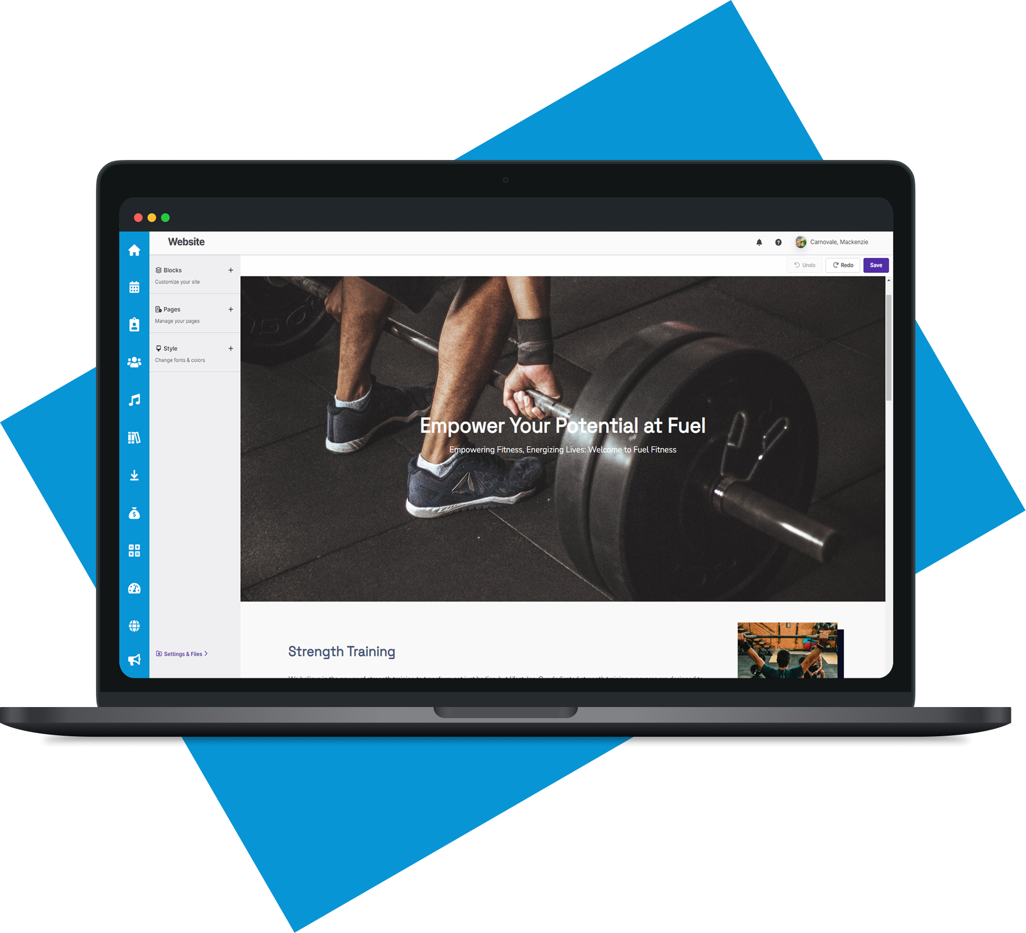 Laptop screen displaying a fitness website with the text 'Empower Your Potential at Fuel' and an image of person lifting a barbell.