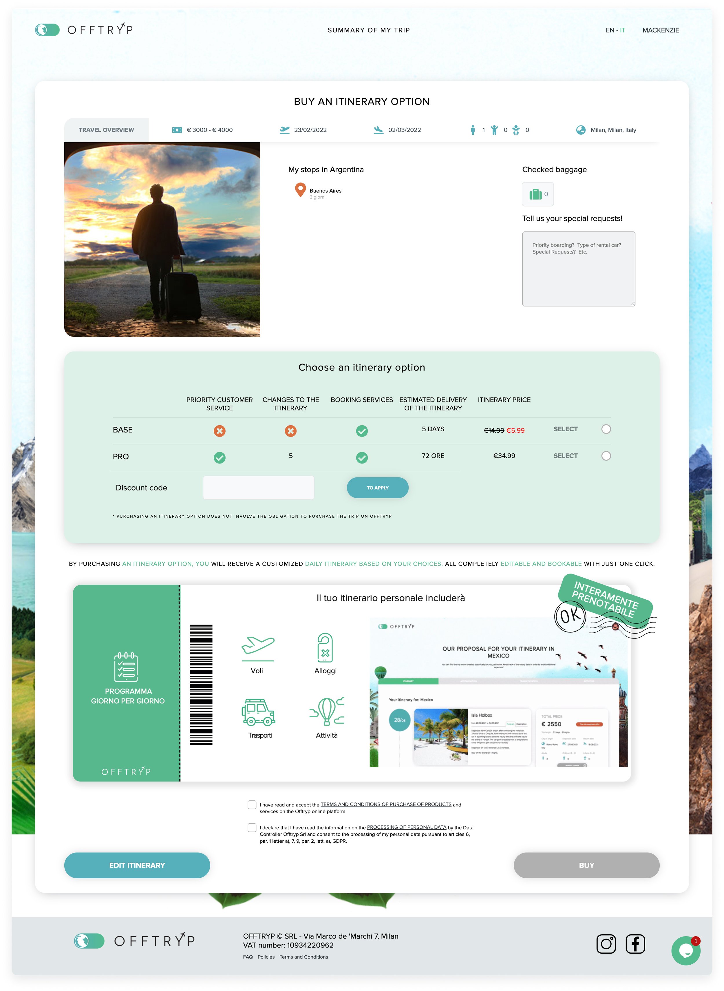 Screenshot of an online travel booking website showing trip summary, itinerary options, and a person with luggage at an airport