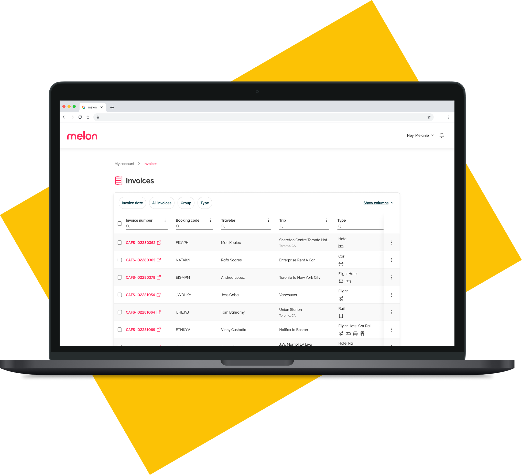 Laptop displaying a webpage with invoices on the Melon platform, set against a background of colorful geometric shapes.