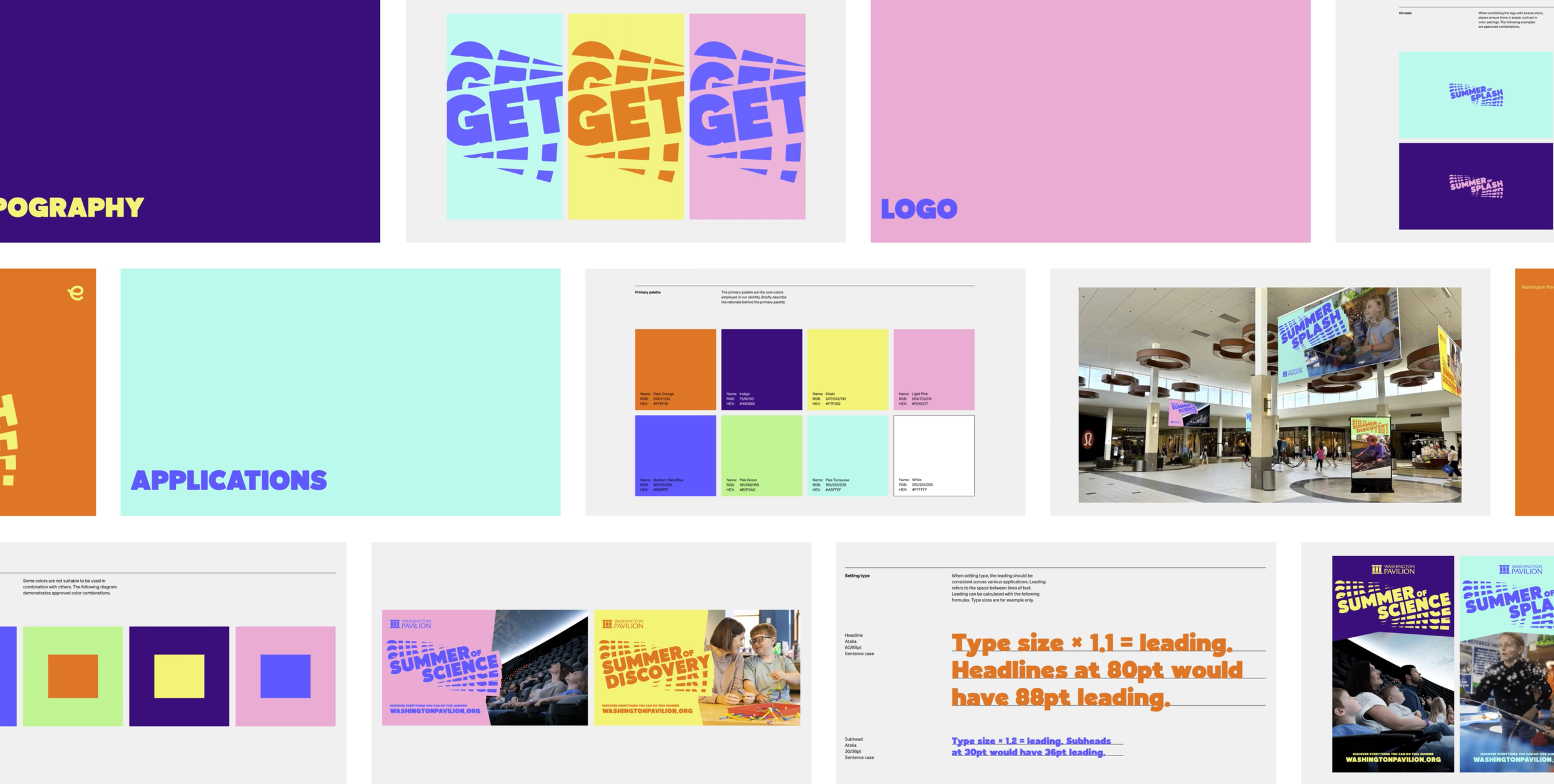 Color scheme and branding materials for 'Summer of Science' event at Washington Pavilion, including logo designs, application samples, and photographs of the event space filled with digital screens displaying event branding.