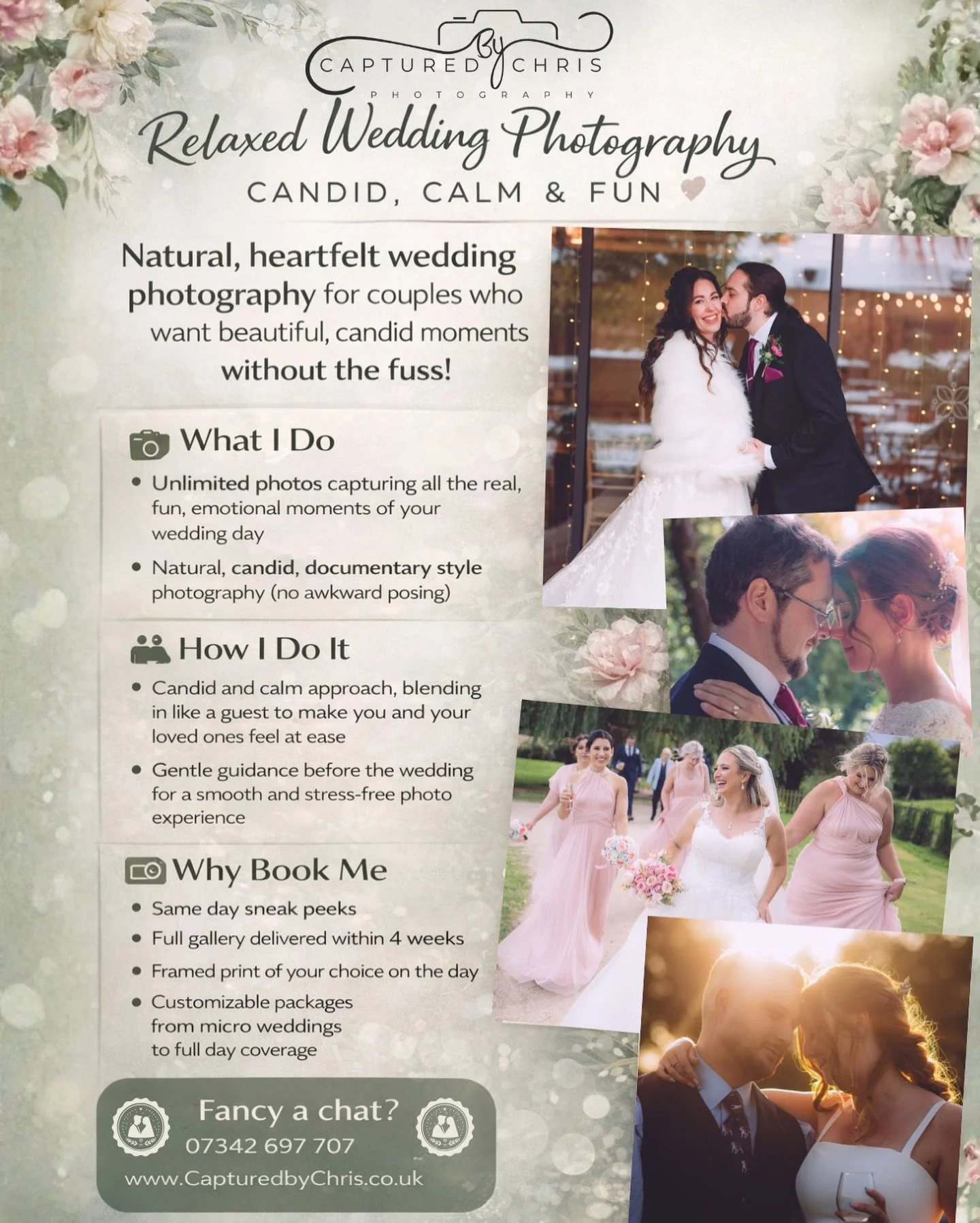 Your wedding should feel like a wedding.
Not a photoshoot.

I shoot weddings in a documentary way which means real moments as they happen.
The laughs. The hugs. The chaos. The quiet bits you didn&rsquo;t even notice at the time.

I&rsquo;ll blend in 