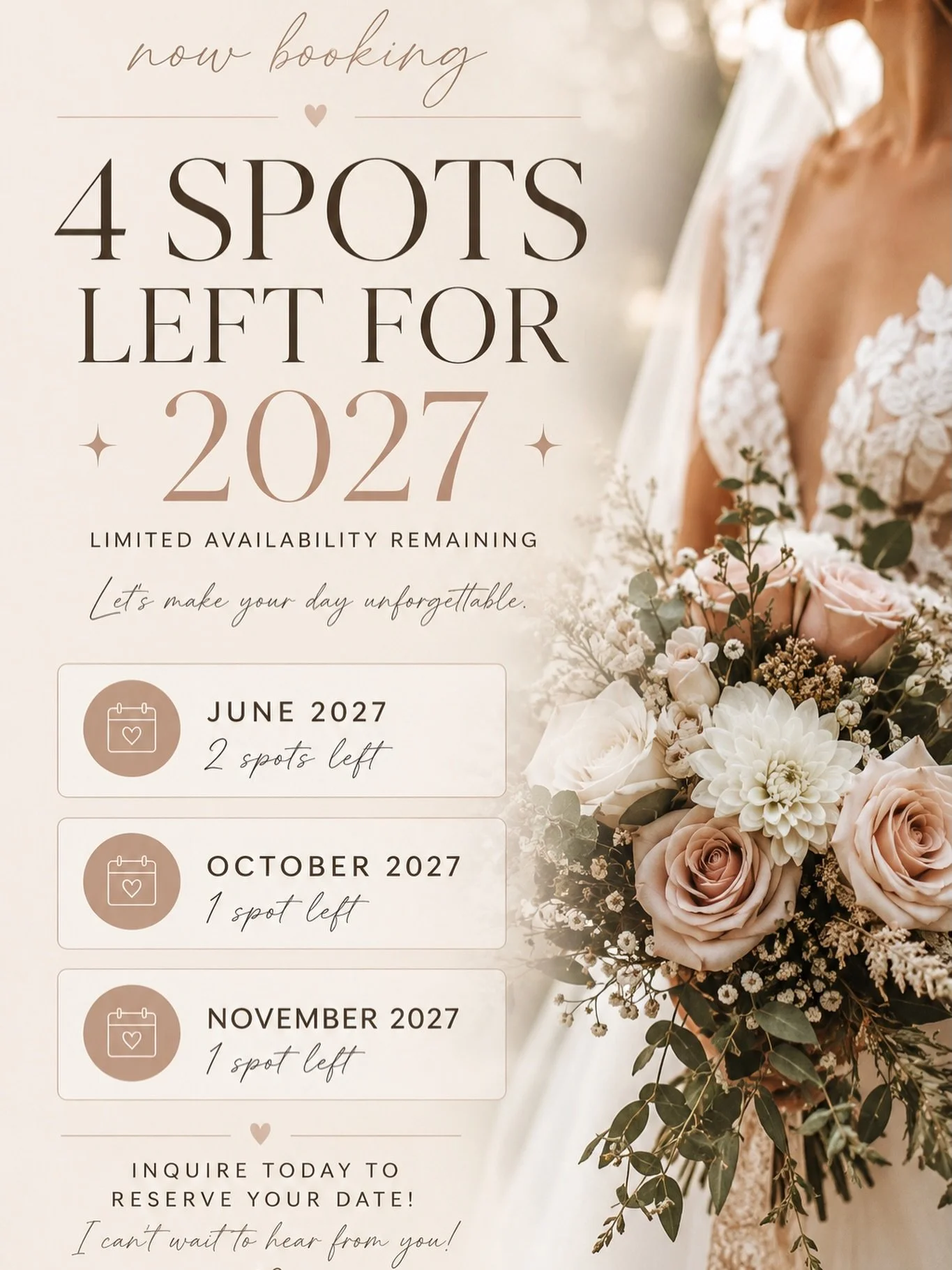 Only 4 dates left for 2027&hellip; 👀

Yep, that&rsquo;s it.

I&rsquo;ve only got:

📅 2 dates left in June
📅 1 date left in October
📅 1 date left in November

If you&rsquo;re planning a wedding that feels more like you and less like a photoshoot, 