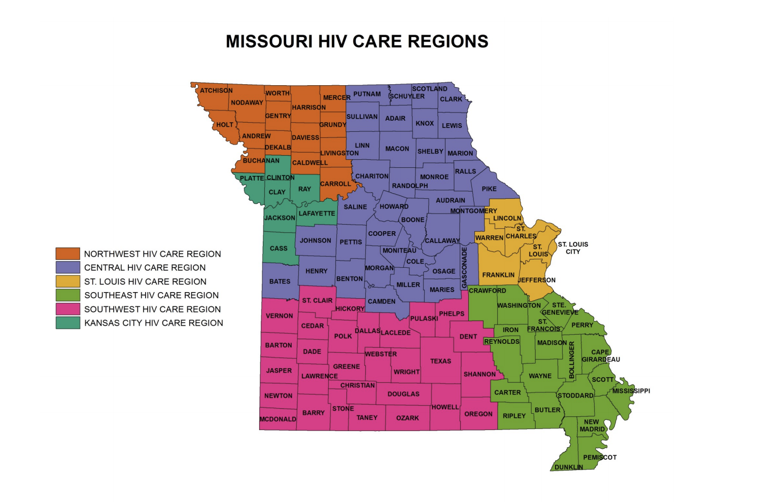 Map of Missouri counties color-coded by HIV care regions: Northwest region in orange, Central region in purple, St. Louis region in yellow, Southeast region in light green, Southwest region in pink, and Kansas City region in dark green.