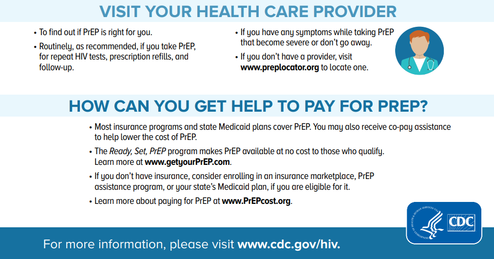 PrEP 101 infographic section on accessing and paying for PrEP, including provider visits, follow-up care, symptoms, and cost assistance options like insurance, Medicaid, Ready, Set, PrEP, and assistance programs. CDC logo shown.