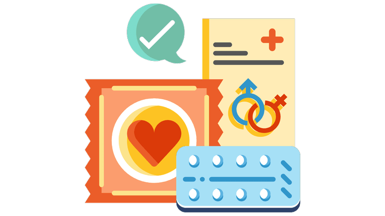 Clip art illustration featuring an orange condom with a heart symbol, a blue package of pills, and a yellow medical document displaying male and female gender icons with a green check mark. Click on image to view Resources page.