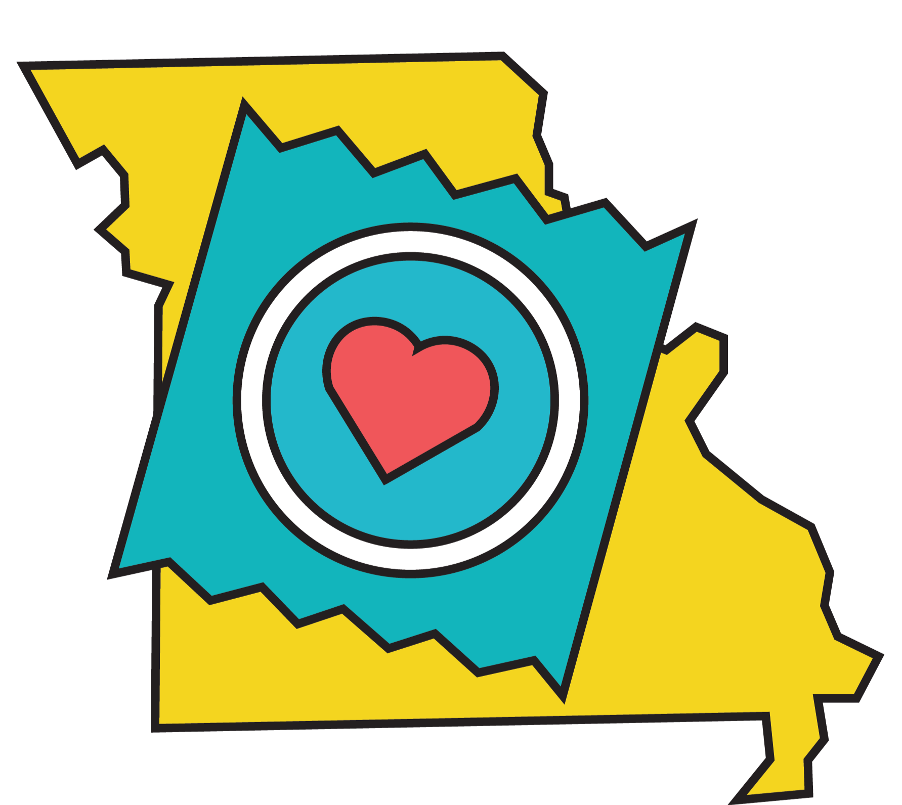 Show Me Condoms logo featuring a yellow outline of the state of Missouri with a blue individually wrapped condom overlaid in the center, containing a red heart symbol.