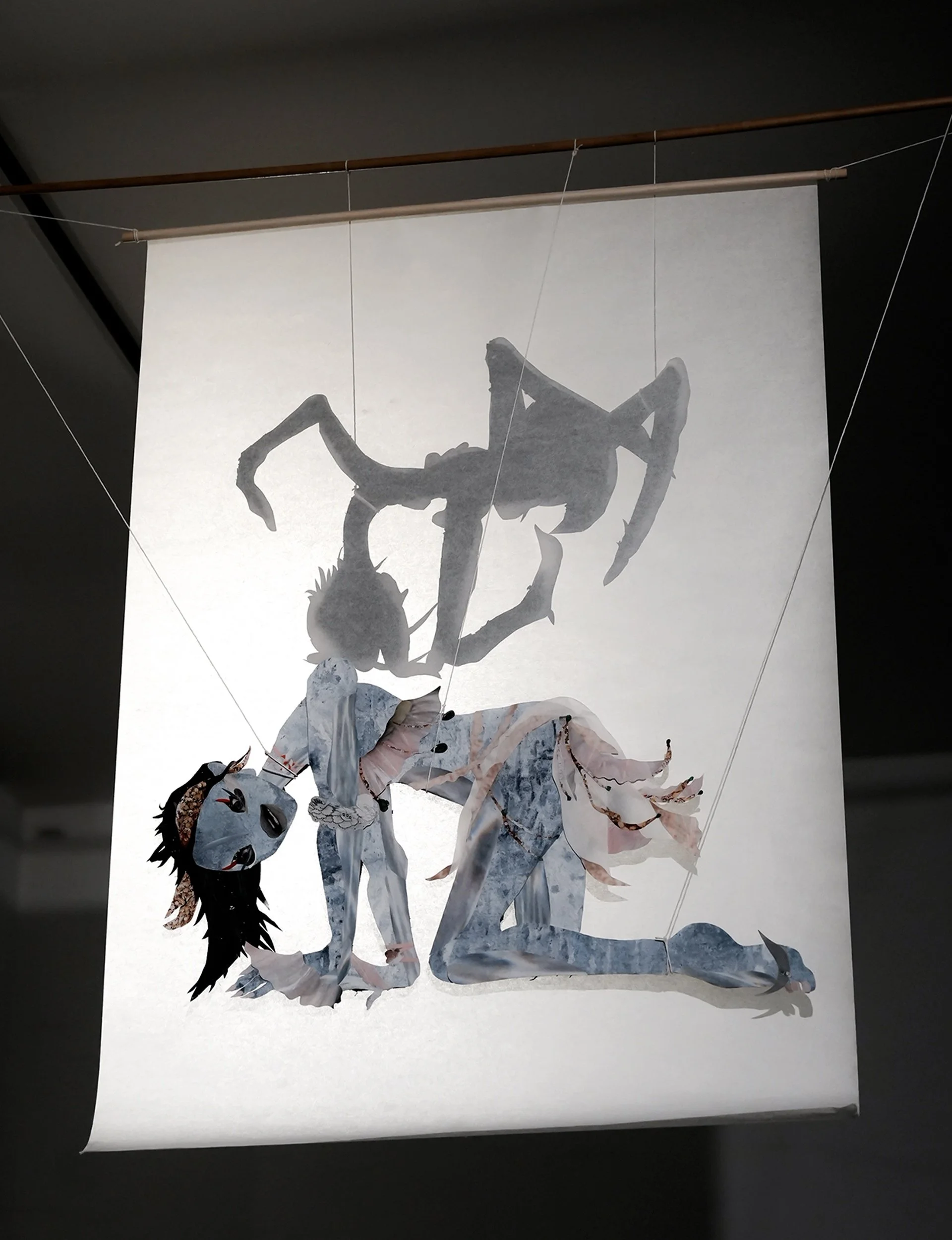 “Top Heavy” 2024
Ink, acrylic, cut paper, and string on mulberry sheet
24 x 36 inches (61 x 91.4 cm)