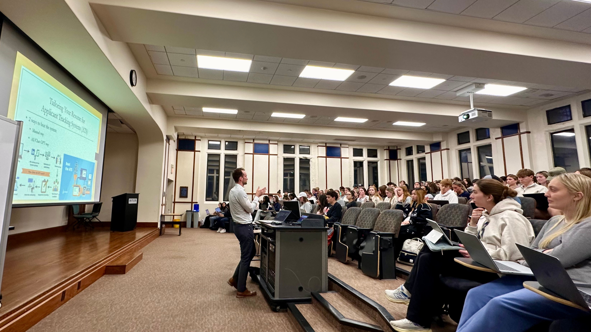 Tim Ahlersmeyer leading a resume and LinkedIn branding workshop at Butler University