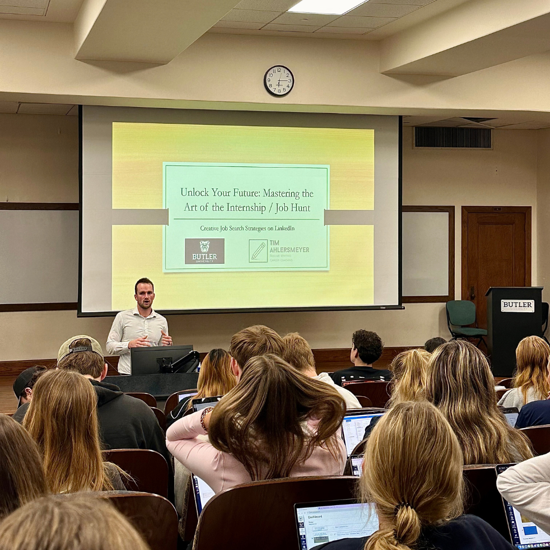 Tim Ahlersmeyer teaching LinkedIn networking and outreach strategy at Butler University
