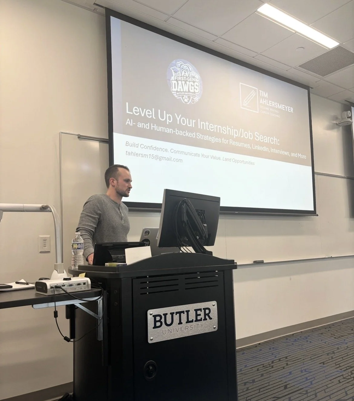 Tim Ahlersmeyer presenting a job search strategy workshop at Butler University