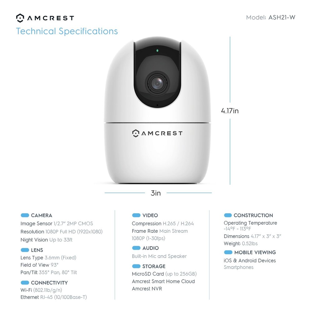 Amcrest SmartHome AI Human Detection WiFi Camera, Indoor Pan/Tilt Wireless  IP Camera, Baby Monitor Mode, Auto-Tracking, Home Security Camera with  Night Vision, Two-Way Audio, Nanny Cam ASH21-B (Black)