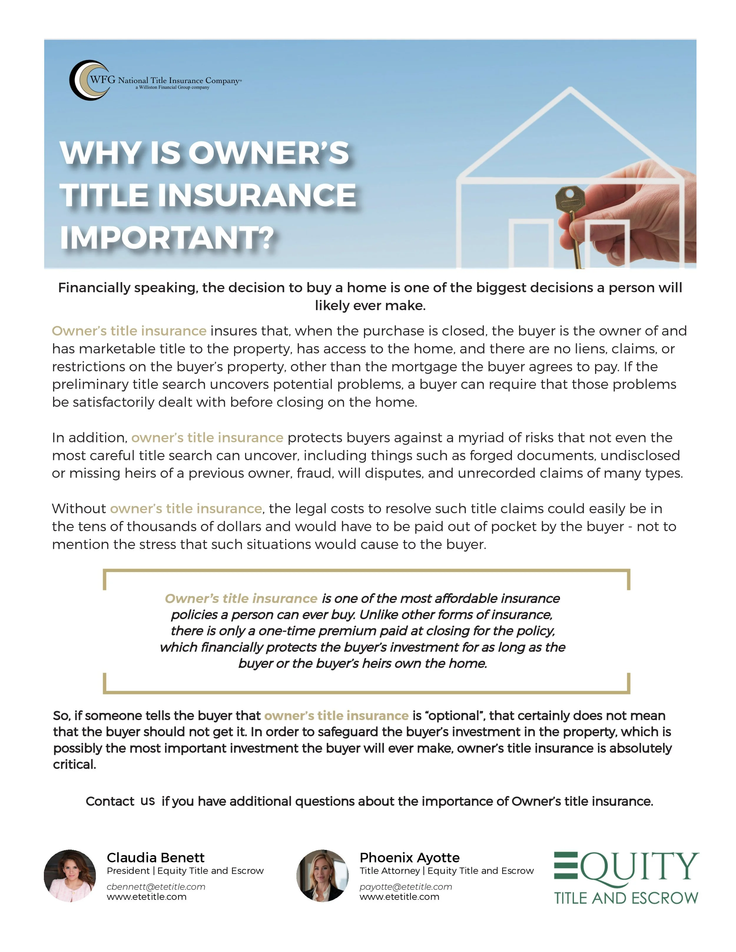 WHY IS OWNER'S TITLE INSURANCE IMPORTANT — Equity Title and Escrow