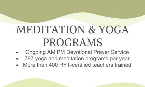 Slide listing meditation and yoga programs with bullet points about ongoing devotions, number of programs per year, and trained teachers.