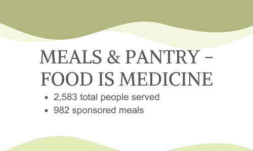 Slide showing 'Meals & Pantry - Food is Medicine' with data on 2,583 people served and 982 sponsored meals.